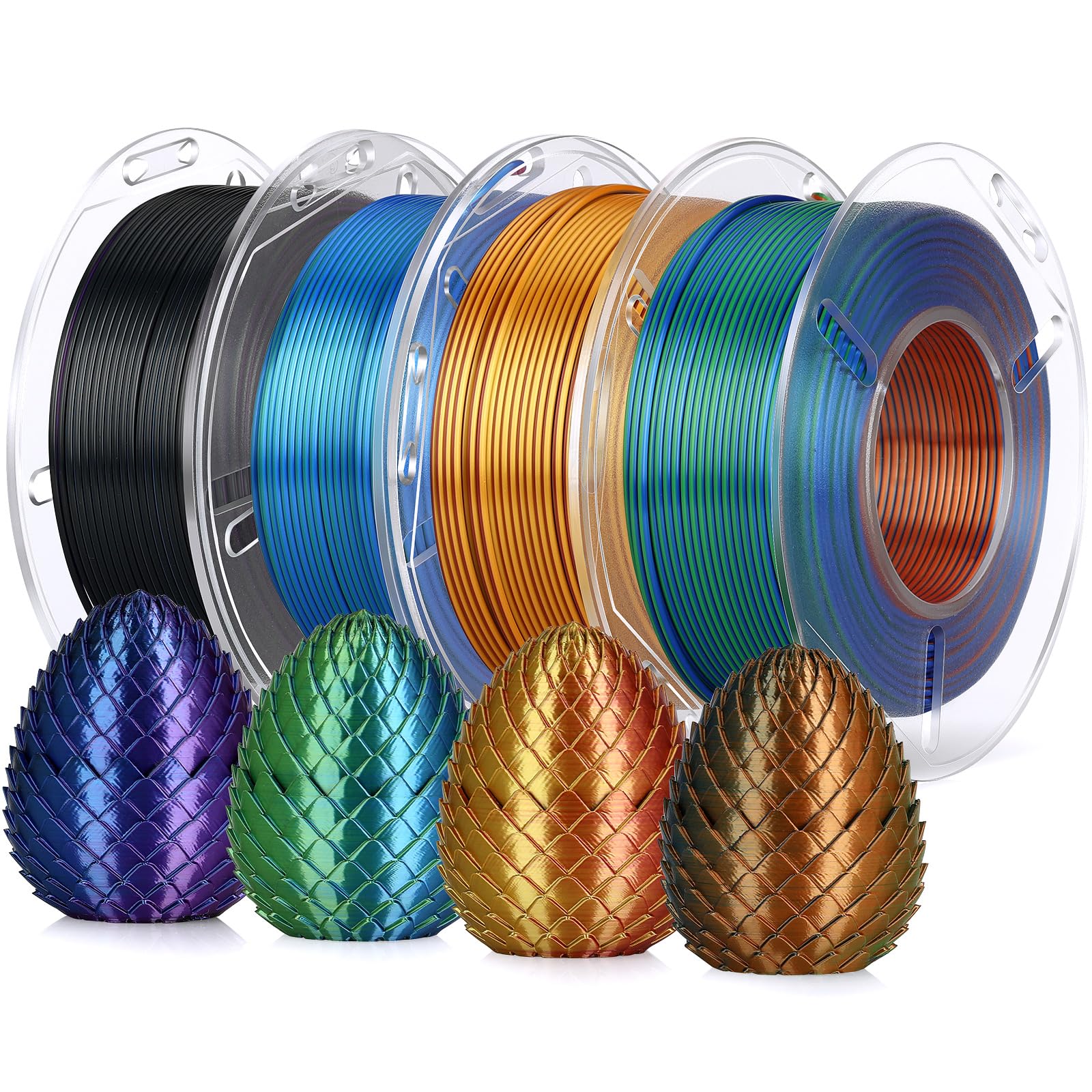 LANDU Silk PLA 3D Printer Filament,Red Blue Green Series,200G X 4 Bundle