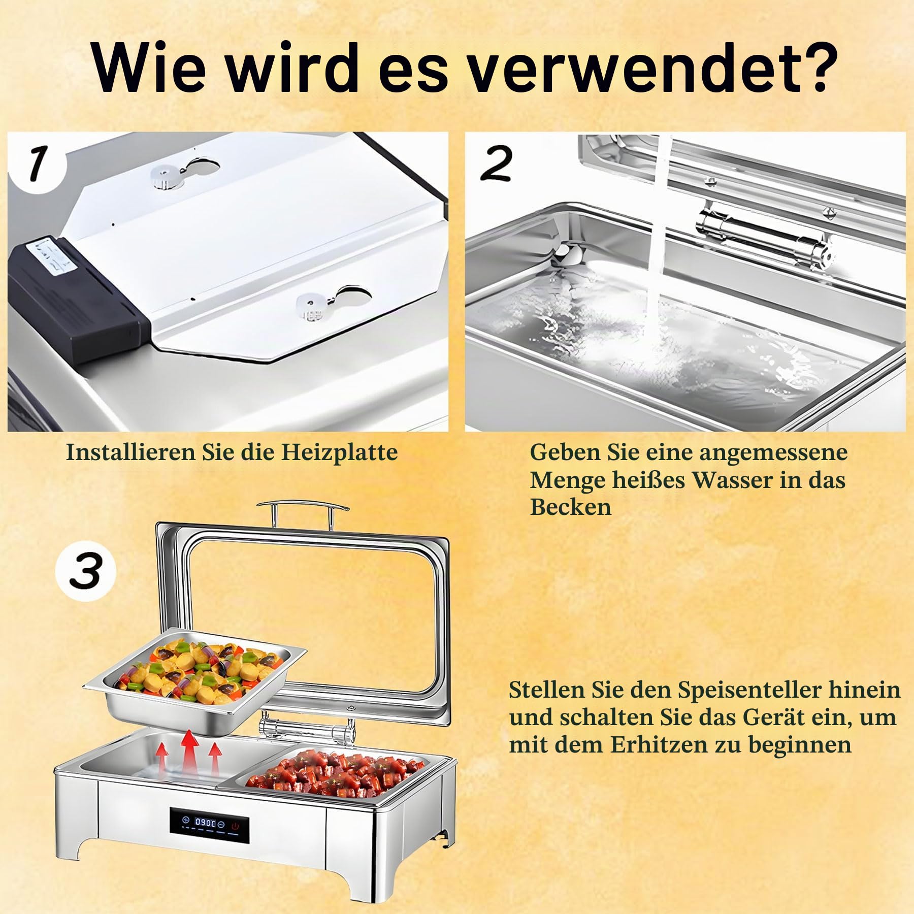Chafing Dish Elektrisch, 9L Edelstahl Warmhaltebehälter Essen Buffet | Kommerziell Speisewärmer Buffetwärmer Elektrisch mit Sichtbarem Glasdeckel und Touchscreen-Temperaturregelung