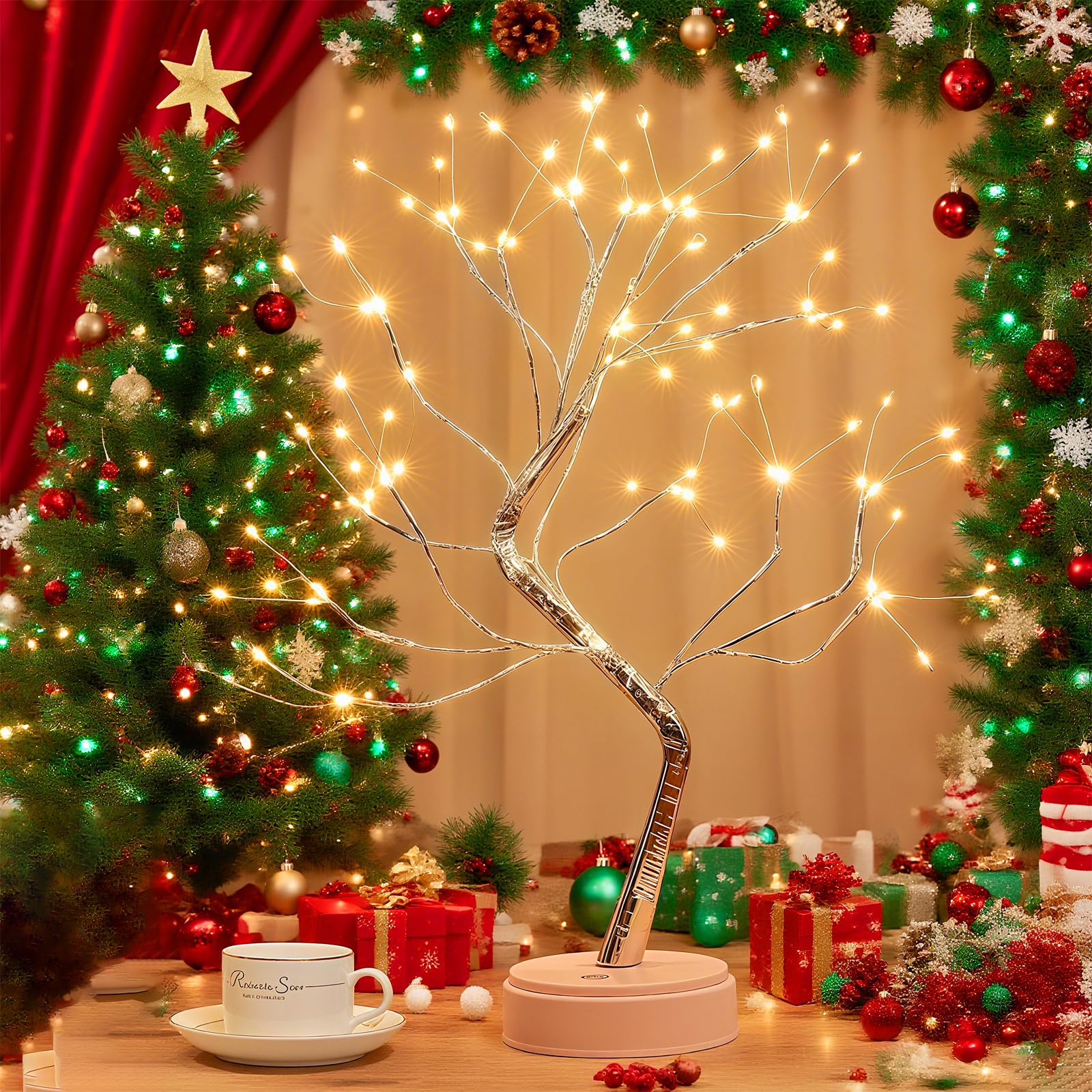 Arbre Lumineux LED, 108 LED Lumière d'arbre Intérieur, 8 Modes Variable, Lampe Arbre Lumineux Branches Réglables, pour la Décoration de Fête de Mariage, Alimentation par USB/Batterie