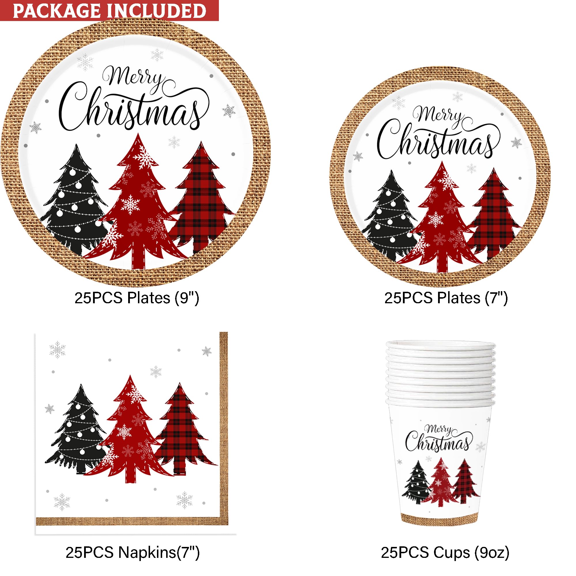 Platos y servilletas de papel de Navidad, platos de Navidad desechables (sirve para 25), platos y servilletas de árbol de Navidad incluye platos llanos, platos de postre, servilletas y tazas,