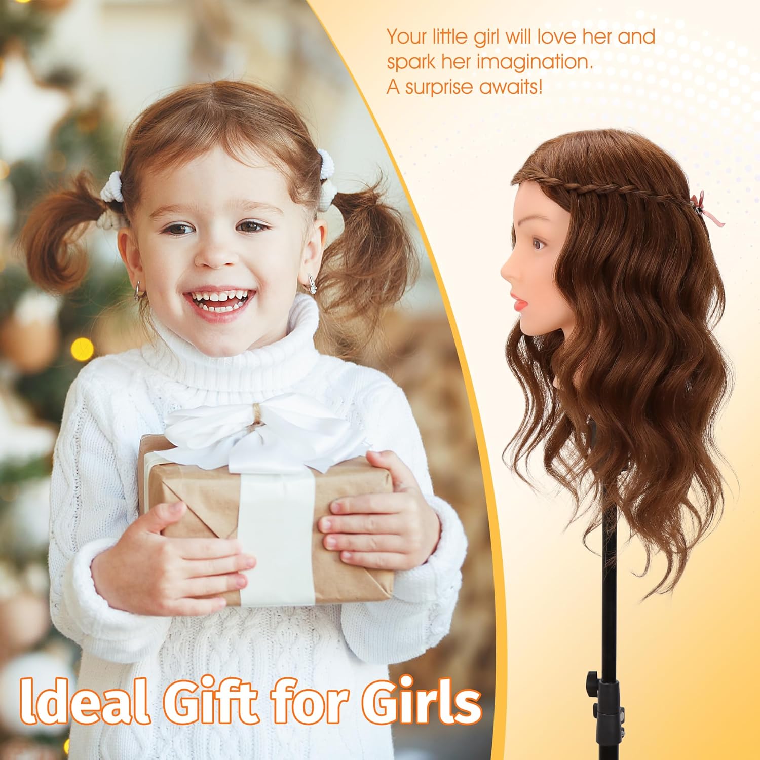 Mannequin Head with 100% Real Human Hair Cosmetology Training Doll Head for Hair Styling Cutting Braiding (Dark Brown)