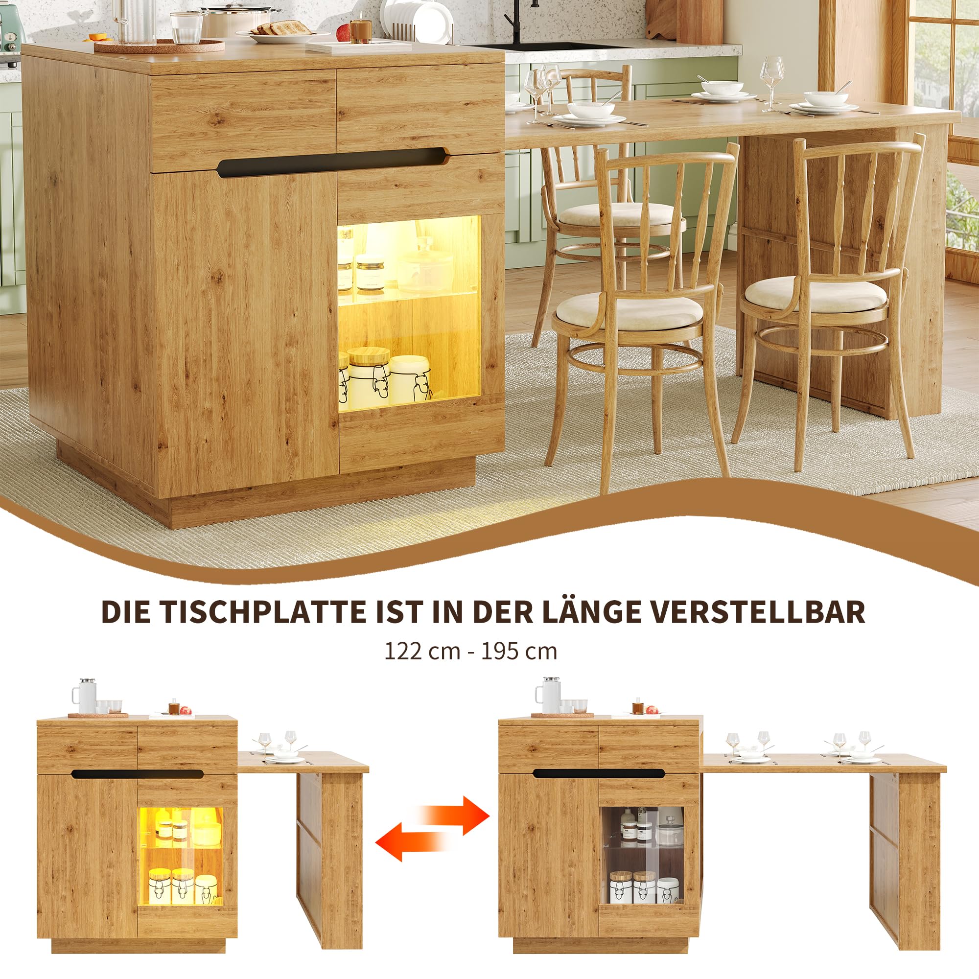 Isola cucina con tavolo allungabile, mobile cucina multifunzionale con illuminazione a LED (controllabile tramite app), effetto rovere, vano contenitore, cassetti, anta in vetro, per sala da pranzo e