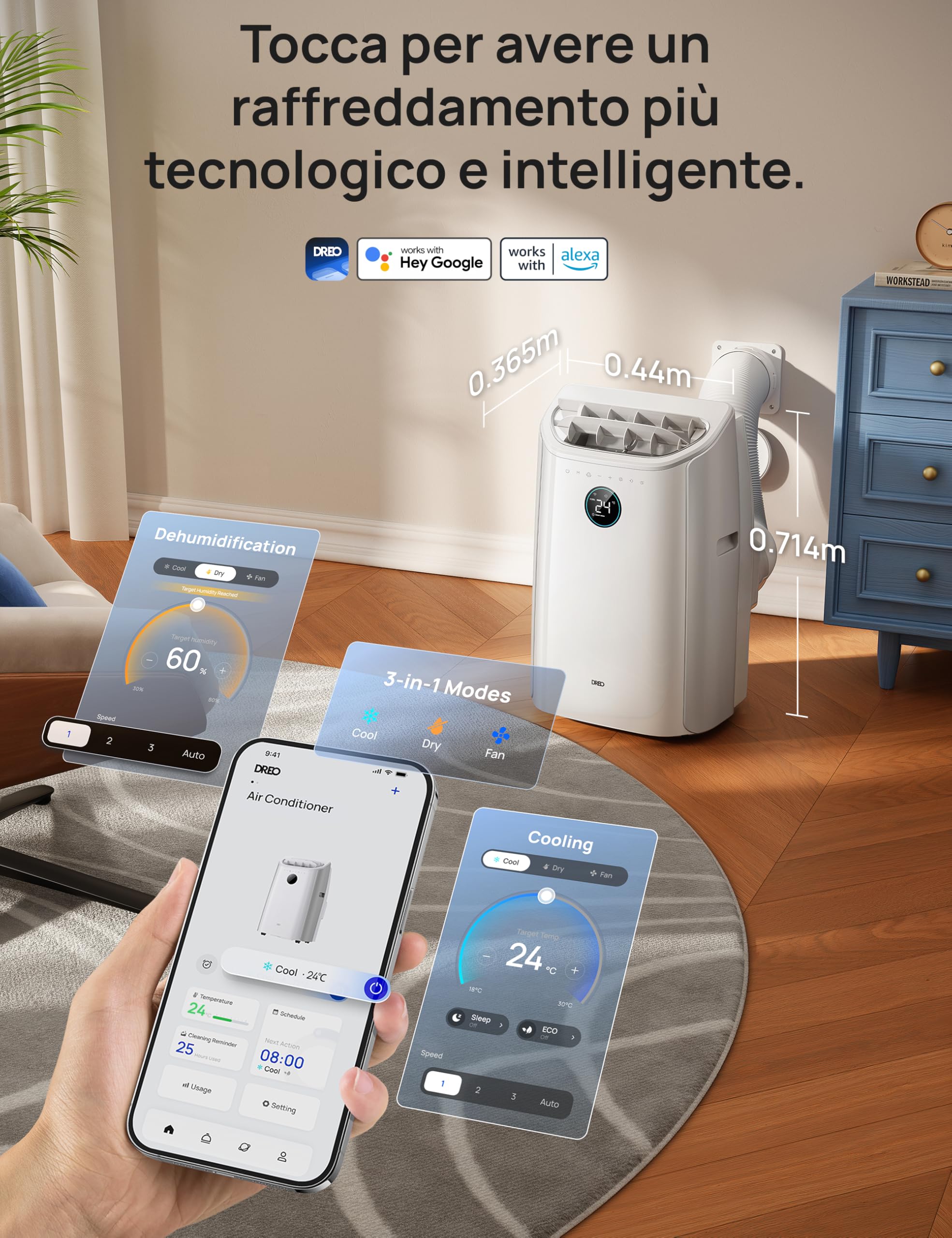 DREO climatizzatore portatile 12000 BTU 3-in-1 raffreddamento/ventilazione/deumidificazione, silenzioso per camera e ufficio, controllo app e vocale, senza drenaggio, kit finestra, 3,2 L/h, AC516S