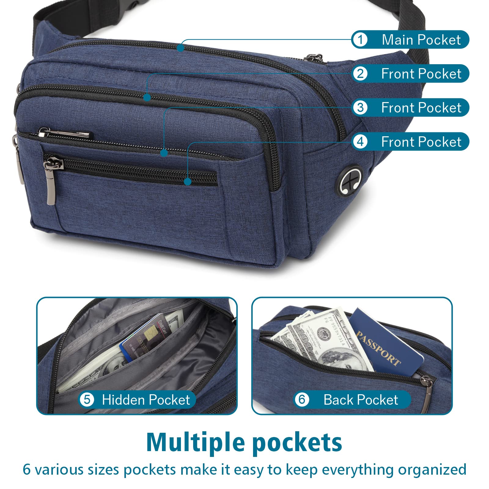 Packism Fanny Pack, 6 kieszeni na zamek błyskawiczny dla mężczyzn i kobiet, sportowa torba na talię, podróż, wędrówki, bieganie, torba biodrowa, na zewnątrz, Jasnoniebieski, Jeden rozmiar