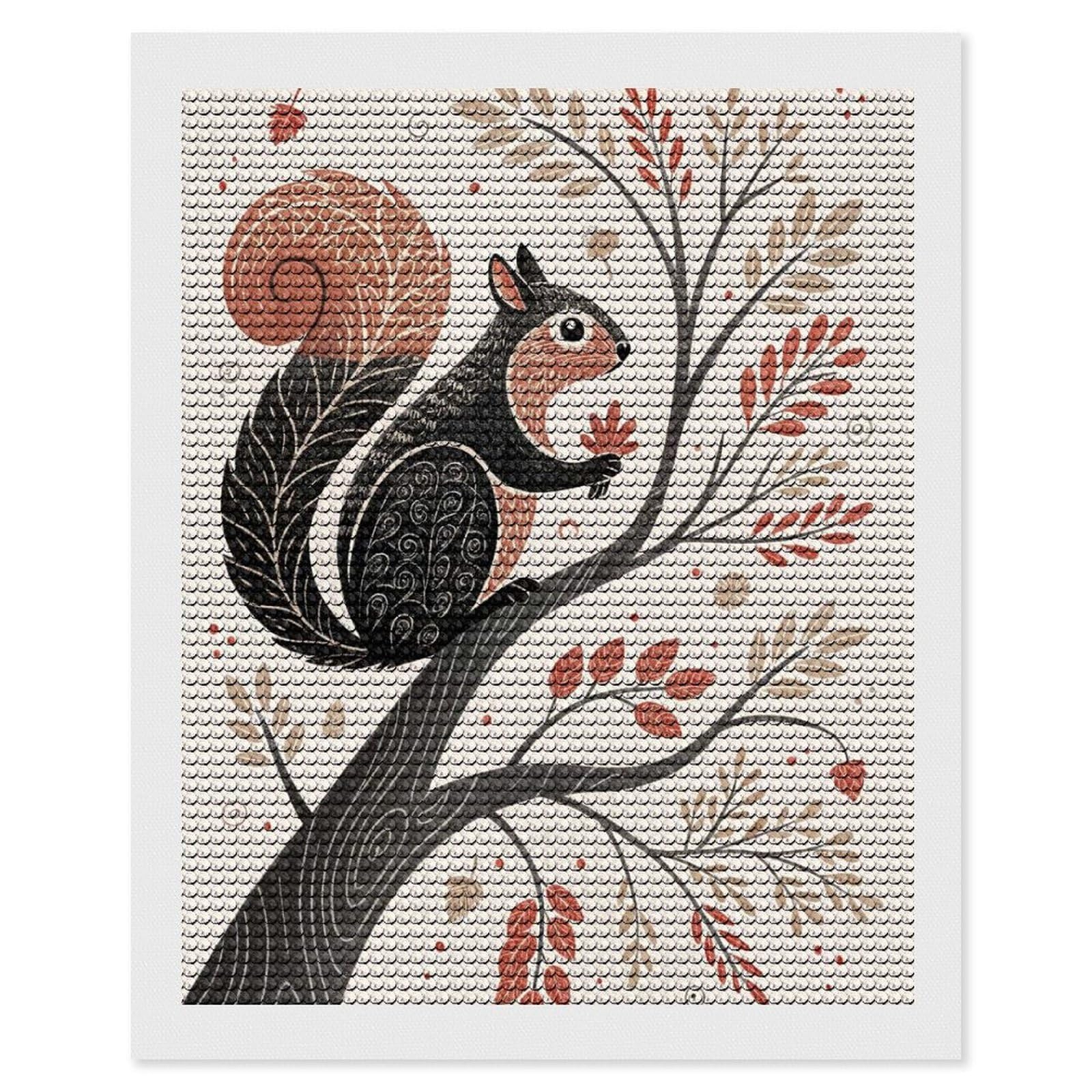 Junmoney Stylized Squirrel in Autumn Tree DIY Diamond Art Canvas Kit 16"x20", Adhesive Canvas, Easy to Enjoy, Farmhouse Decor, Festive Craft Gift