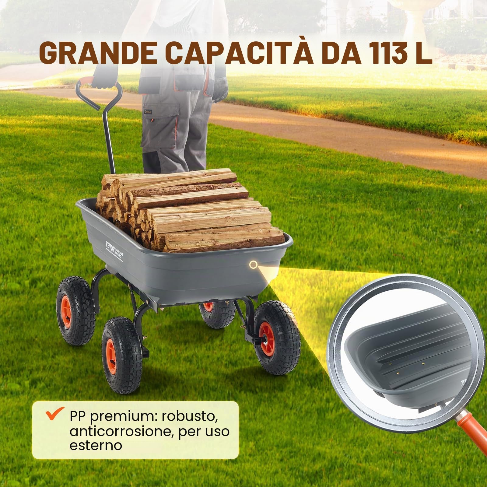 VEVOR Carrello Ribaltabile, Carrello Ribaltabile Giardino in Poly Telaio in Acciaio Facile da Montare, Carro Maniglia Convertibile 2 in 1, Carriola Utilitaria Capacità 272,15 kg, Pneumatici 254 mm