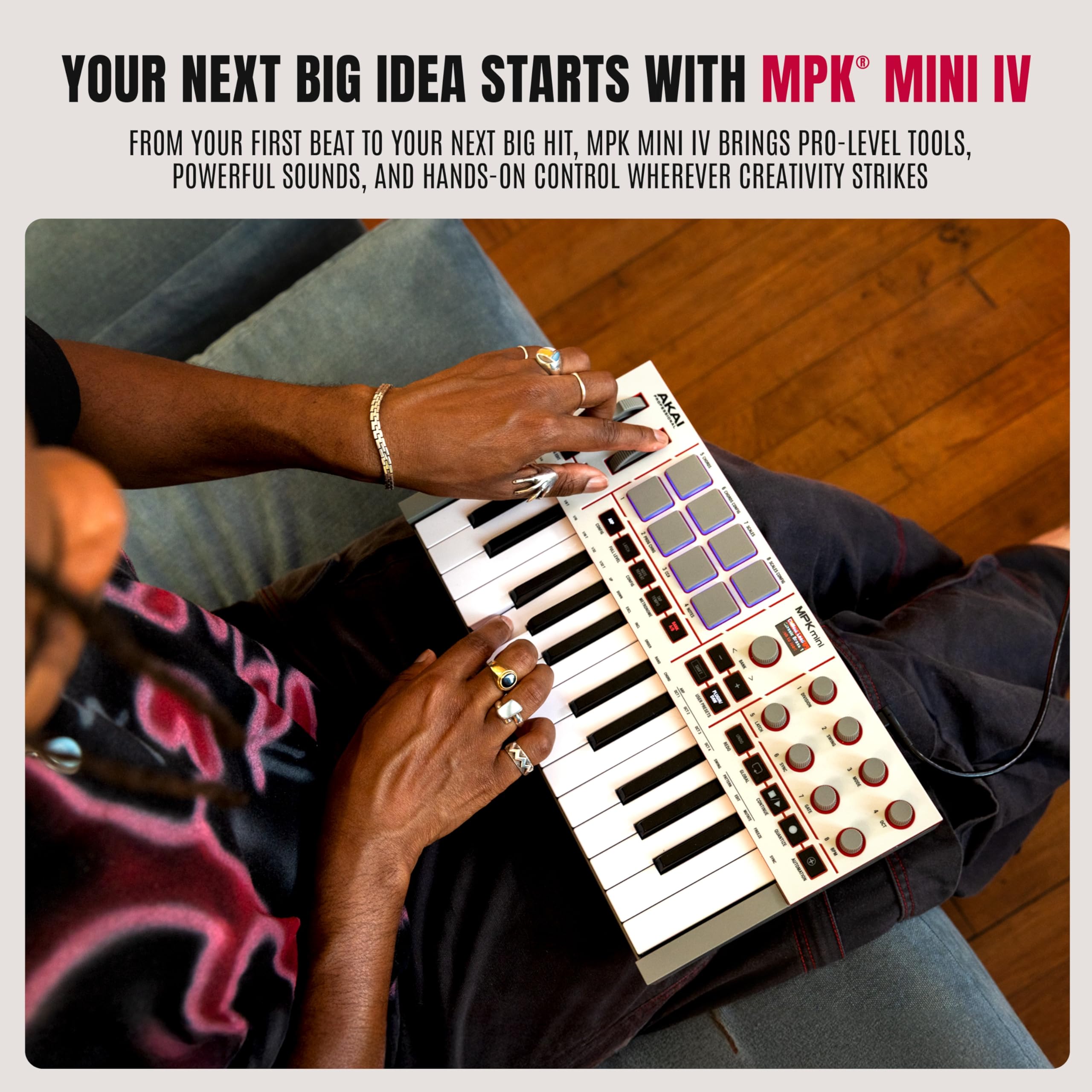 Akai Professional MPK Mini IV USB-C MIDI Keyboard Controller for Beginners and Producers - MPC Drum Pads, 360° Knobs, Pitch and Mod Wheels, Production Software, Native Instruments Sound Package,: Black