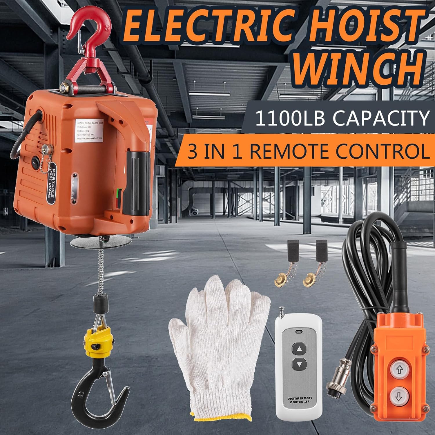 Leomru Electric Hoist Winch 1100lbs, 3 in 1 Portable Electric Winch Manual/Cable/Remote Control, 1500W Electric Hoist with Remote Control 25ft Lifting Height for Lifting Towing 110V