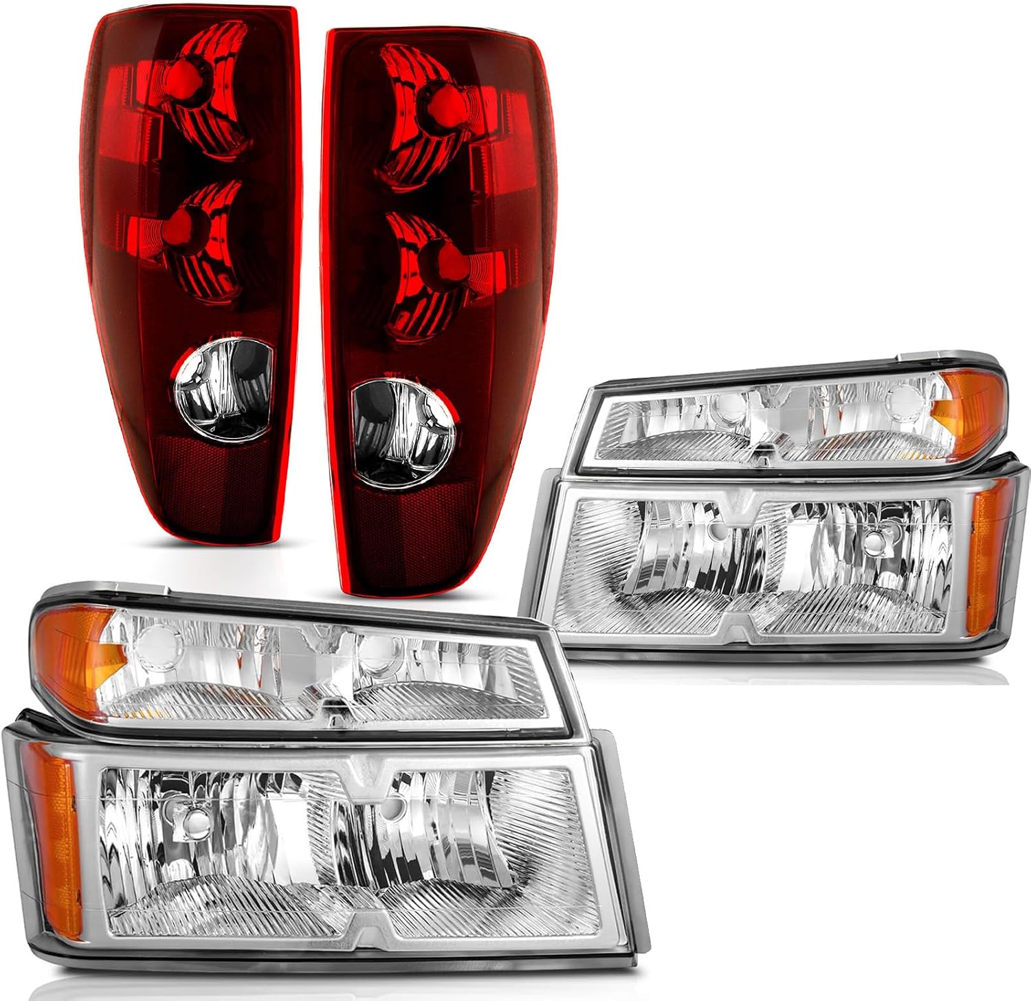 Headlights Tail Lights Combo Compatible with 2004-2012 Chevy Colorado/GMC Canyon, 2006-2008 Isuzu I-Series Replacement Headlight Rear Brake Lamp Assembly, Chrome Housing Amber Corner Left and Right