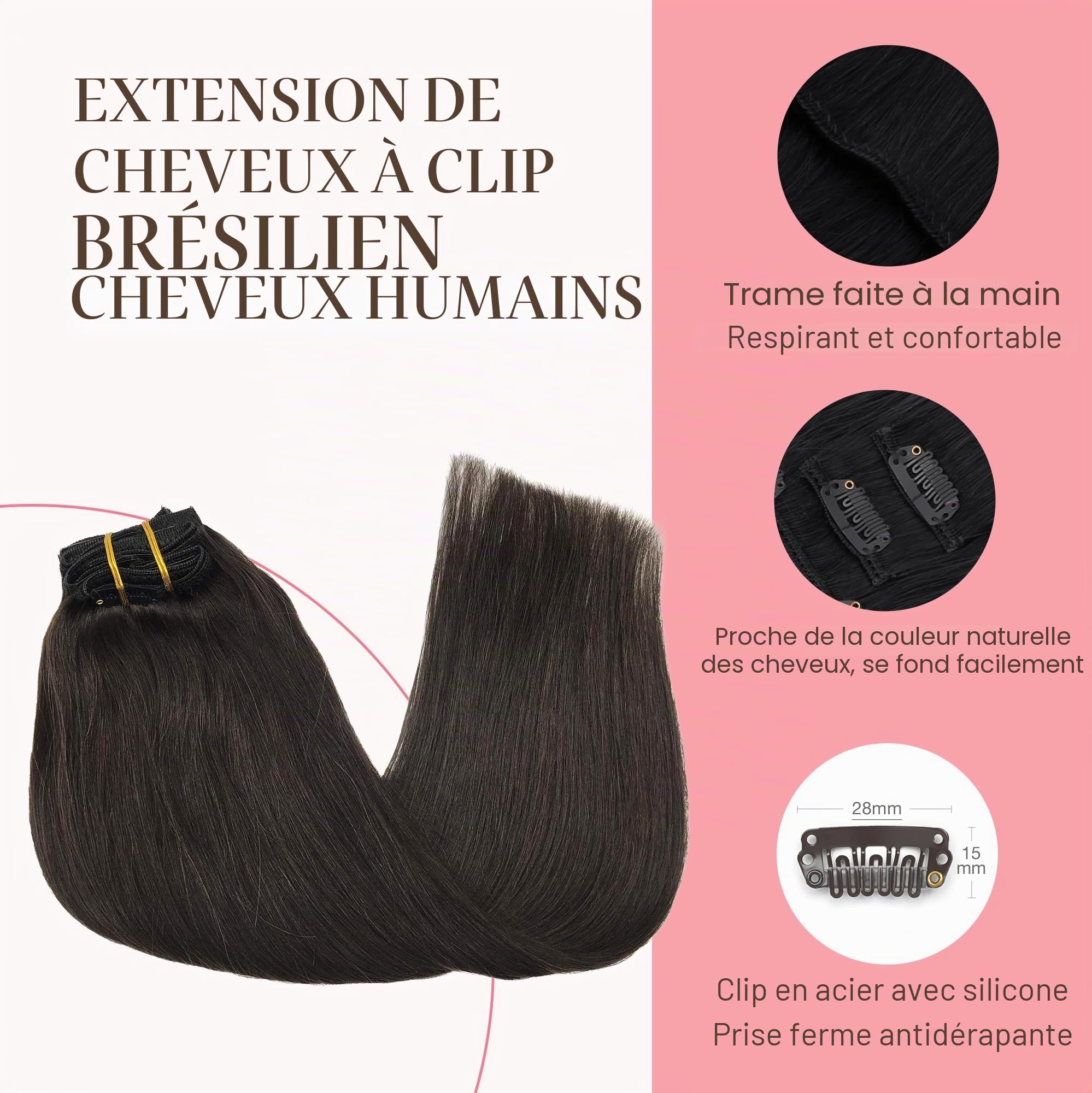 GOO GOO Extension Cheveux Naturel Clip, 35cm 120g 7pcs, #2 Brun Foncé, Extention de Cheveux Humains Vrai Cheveux, Extension a Clip Cheveux Naturel
