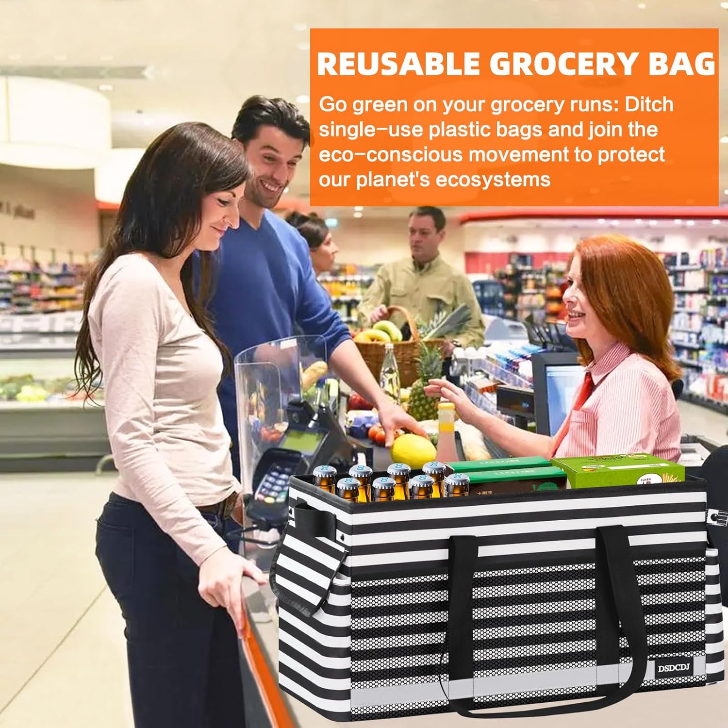 Extra Large Utility Tote Bag with Reflective Strip, Standing Reusable Grocery Bags with Hard Bottom, Collapsible Utility Tote with Handles for Shopping, Beach, Picnics, Car, Striped Black