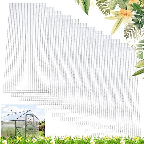 Tatuo 12 Pack Polycarbonate Greenhouse Panels Polycarbonate Sheets Twin-Wall Roof Panels Waterproof UV Protected Clear Corrugated Plastic Roofing for Greenhouse Replacement (2' X 8' X 0.16'')
