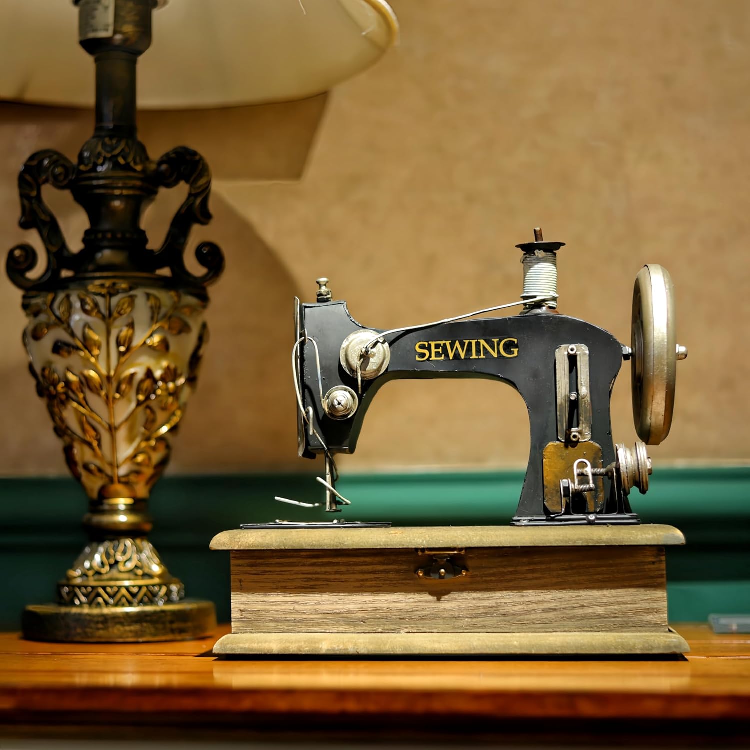 Large Vintage Sewing Machine Replica with Storage Wooden Case 70s 80s Needlework Retro Decor for Tailor Shop Cafe Home Display Sewing Enthusiasts Nostalgic Collectible Presents