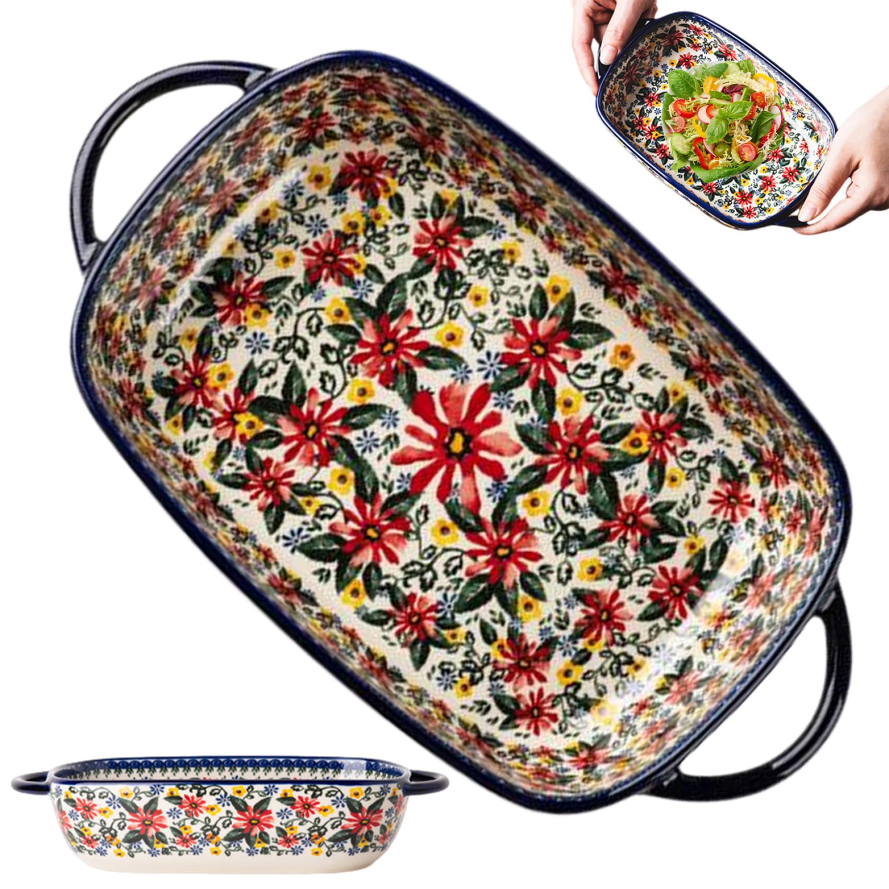Fuente para Hornear 1900ml Plato de Horno de cerámica Resistente al Calor Estampado de Margaritas Rectángulo Lasaña Antideslizante Lavable Cazuela para Horno Cocina Hornear Lasaña Cerámica.