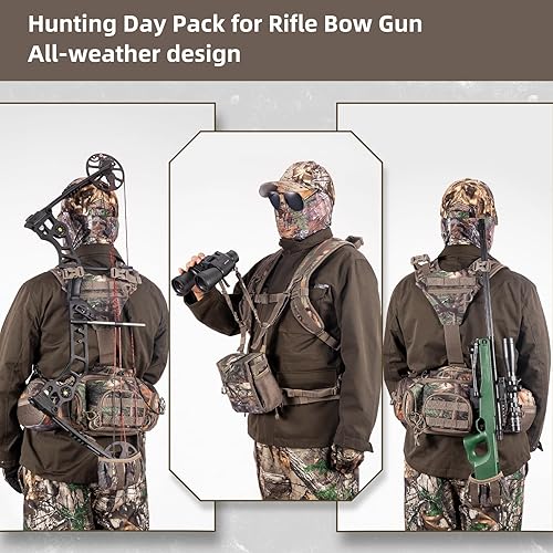 Miniatura 2 de BLISSWILL Riñonera de caza con arnés binocular con cubierta de lluvia Mochila de caza para rifle de arco, Nuevo camuflaje de hojas con paquete