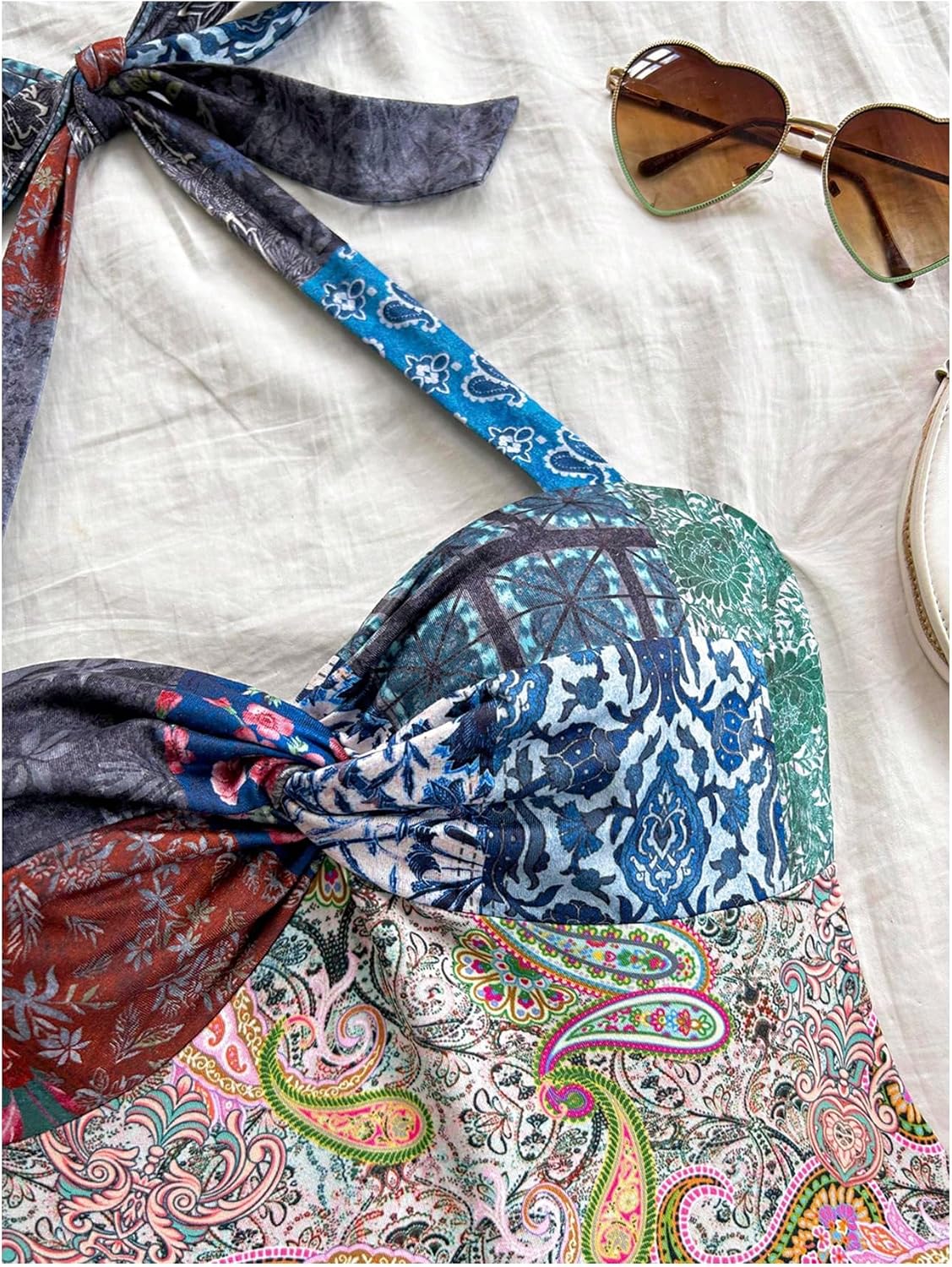 WDIRARA Women's Paisley Floral Boho Ruffle Layered Halter Dress Twist Front Tie Backless A Line Mini Dresses - Image 4