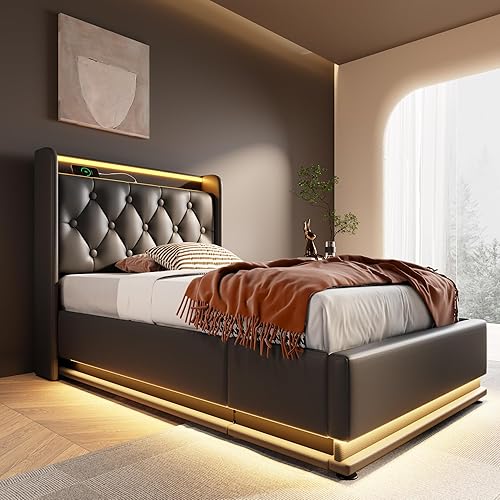Miniatura 151 de Base de cama LED tapizada tamaño Queen, plataforma flotante de terciopelo con cabecero, MDF moderna y cama de madera contrachapada (beige-081)