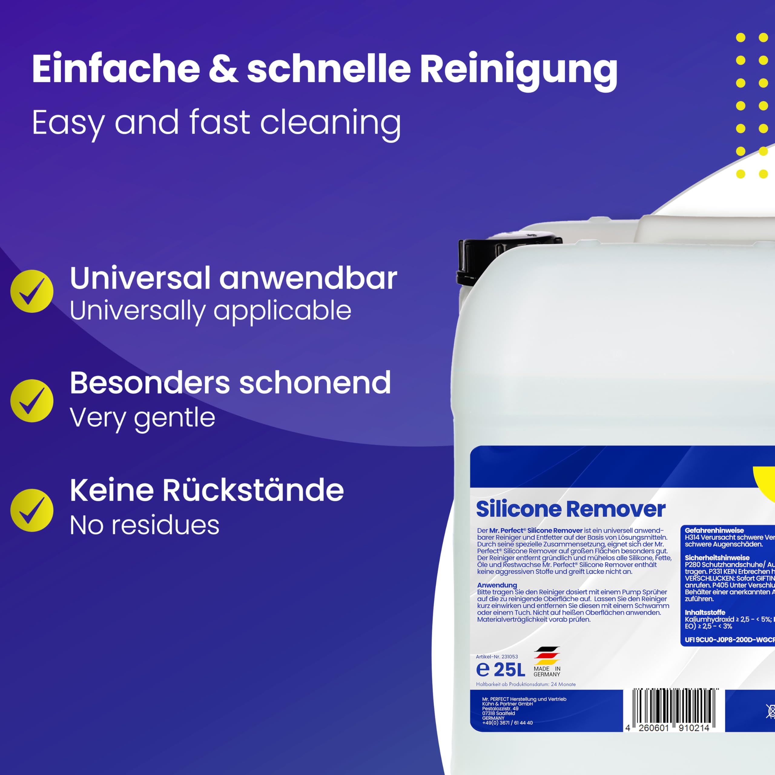 Mr. Perfect® - Silikonentferner 25l | Wachsentferner für Autolack| Der Silikonreiniger entfernt mühelos Fette, Öle & Silikon | Effektive Reinigung | Mit praktischem Dosierhahn
