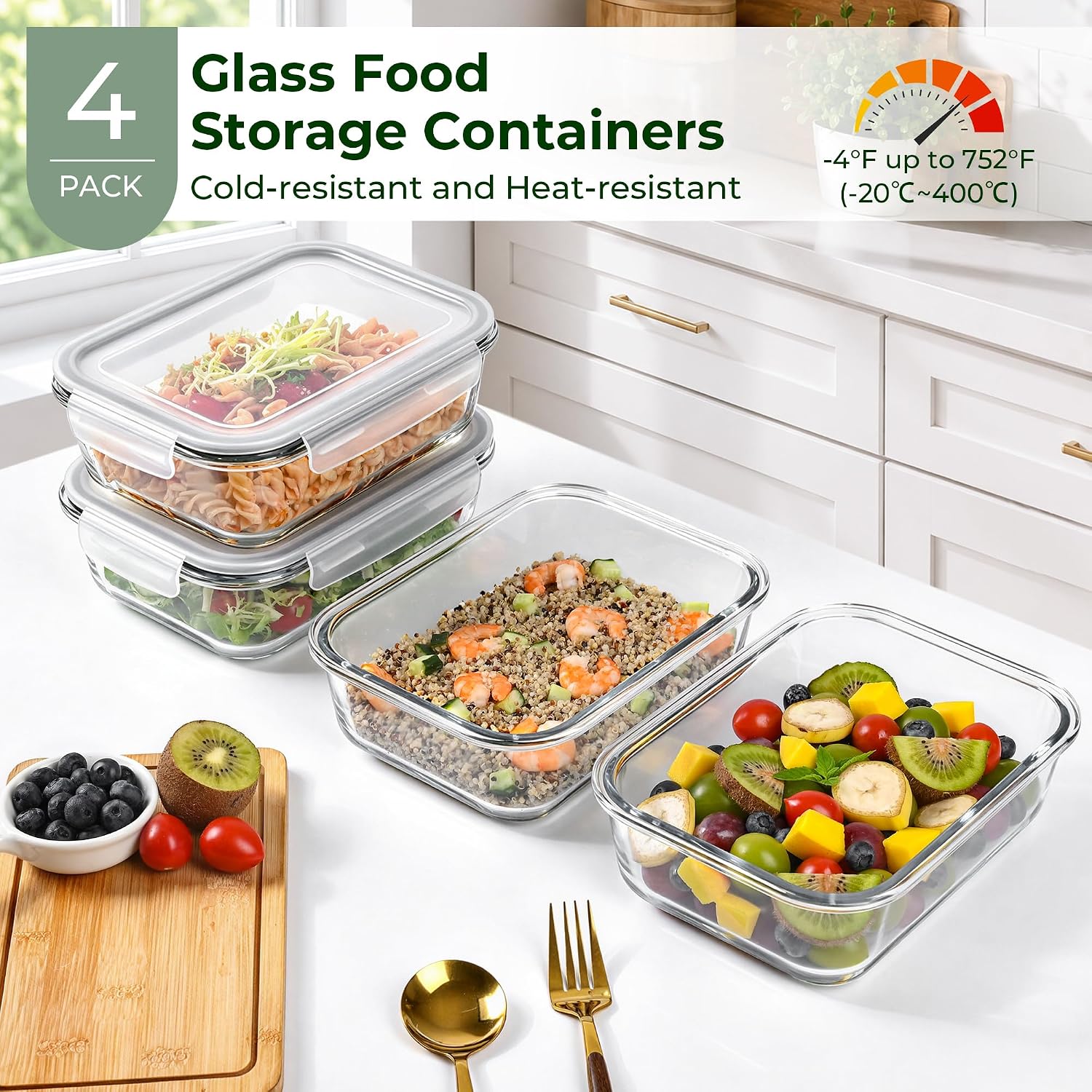 LOVYANXUE 4 Pack 52oz Large Glass Food Storage Containers with Lids, Glass Storage Containers Set with Airtight Lid, Meal Prep Containers for Storing, Baking, Freezer, Microwave & Oven Safe, BPA-Free