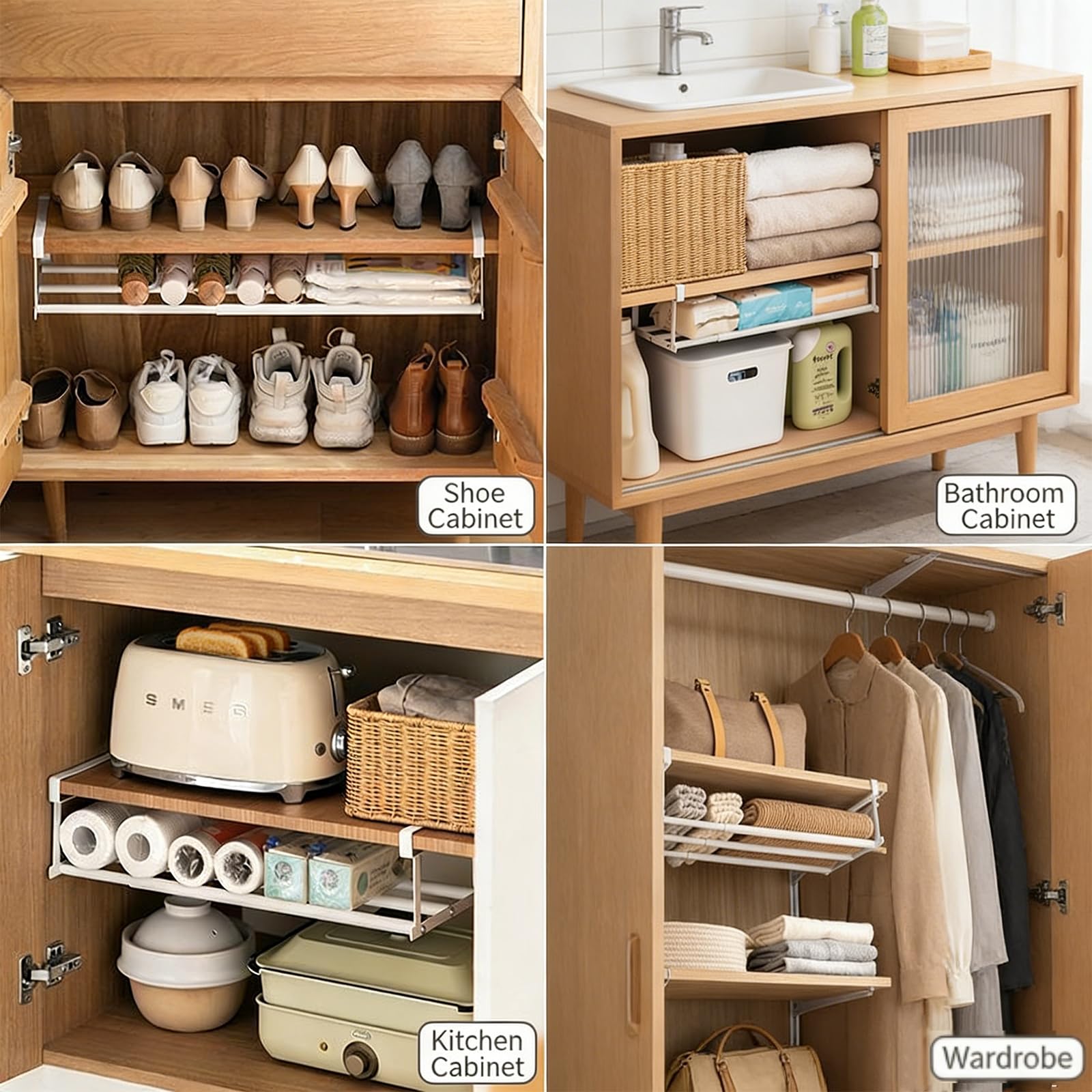 2 Pezzi Scarpiera Appendibile Per Armadio, Retrattile 40-70 cm, Ripiani Regolabili Sotto I'armadio, Scarpiera Salvaspazio,per Porta Scarpe da Ingresso, Armadio, Cucina e Ripostiglio(Bianco)