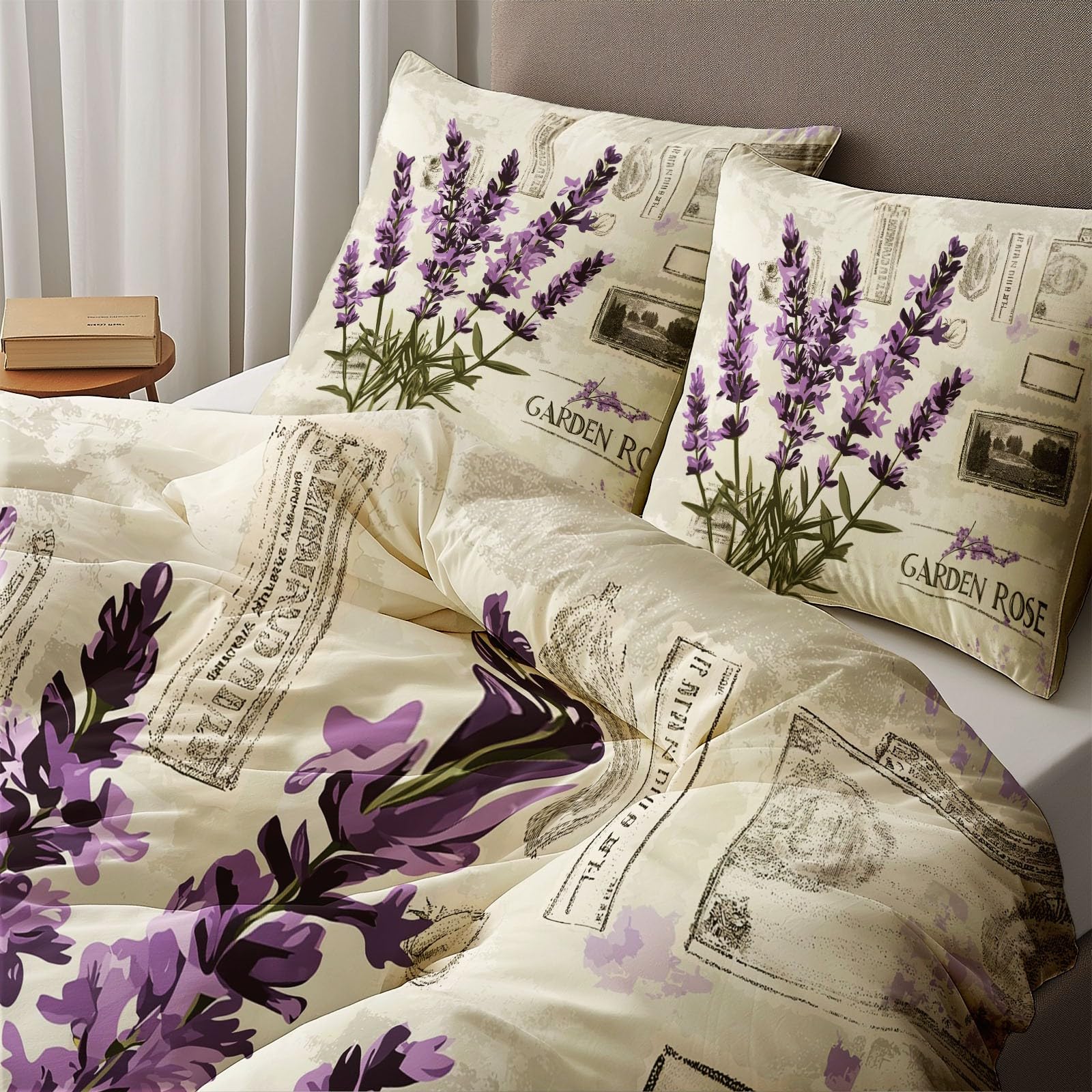 Dwustronna poszwa na kołdrę z mikrofibry 240 x 260 cm - Retro Lavender Pad Super miękka poszwa na kołdrę z zamkiem błyskawicznym, można prać w pralce - beżowa 2 poszewki na poduszki