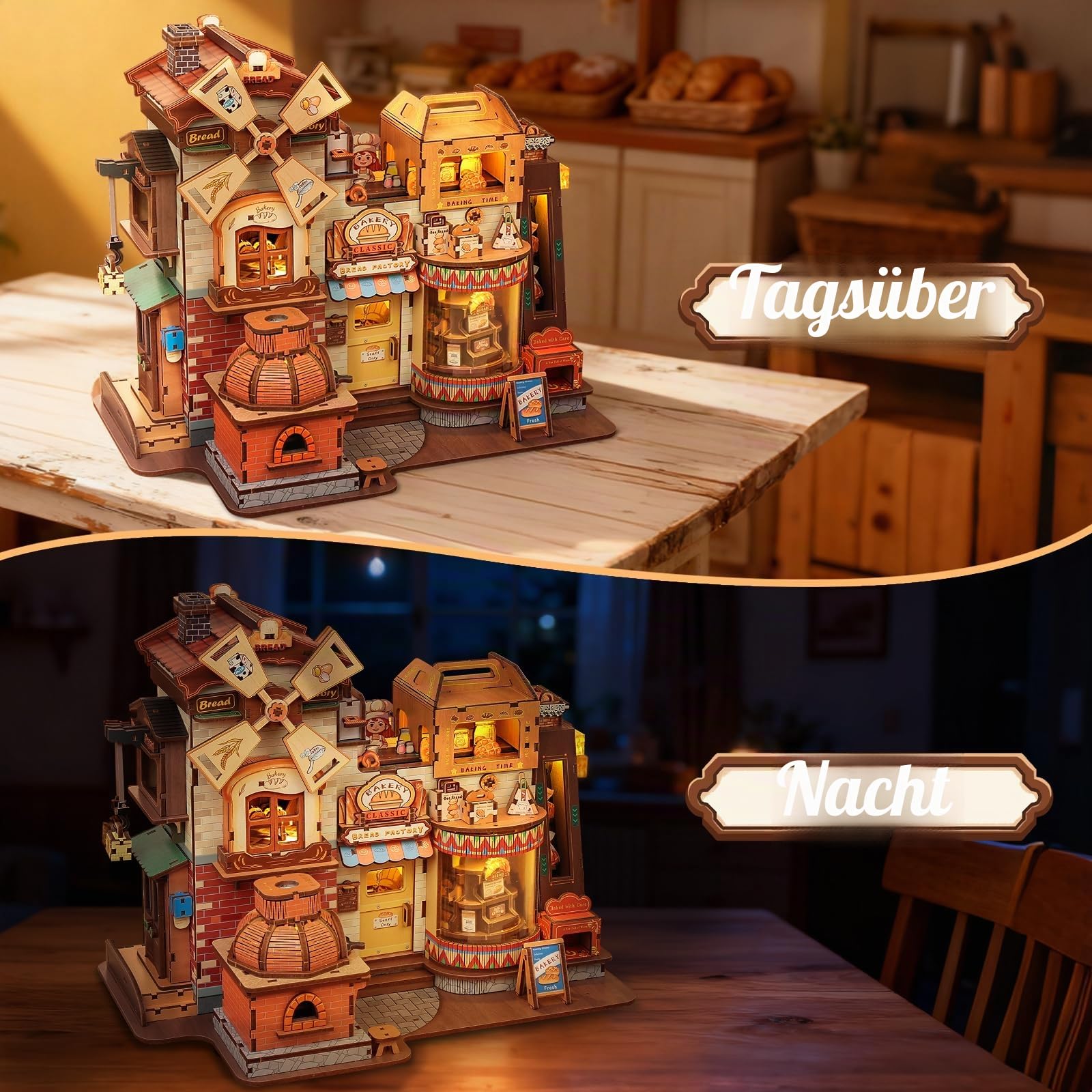 Cutefun 3D Holzpuzzle Modellbausatz – 572-teiliges Book Nook Bausatz für Erwachsene – Maßstabsgetreues Modell mit Musik, LED-Licht – Brot-Thema Geschenkefabrik