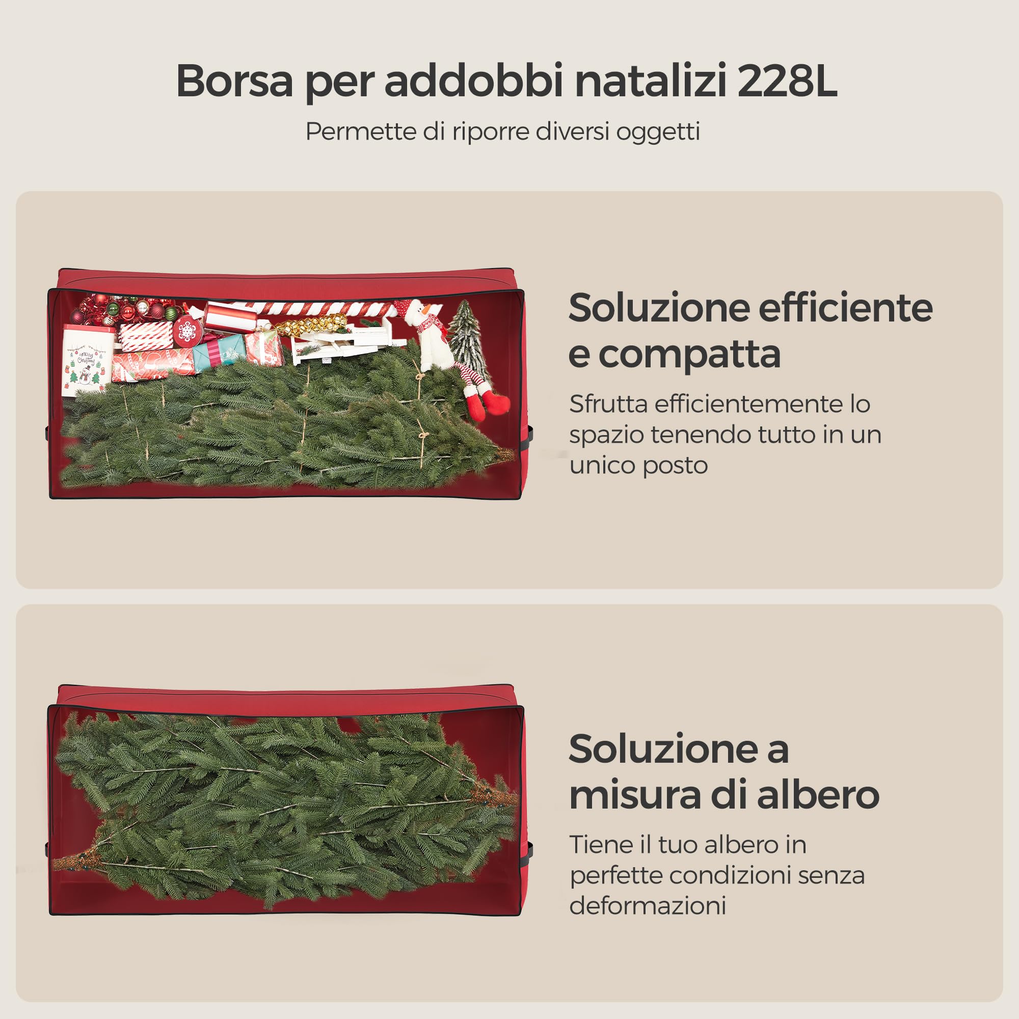 SONGMICS Custodia Porta Albero di Natale, Sacco per Albero Artificiale fino a 210 cm, Borsa in Tessuto Oxford 600D Impermeabile e Antipolvere, Pieghevole, Maniglie Spesse, Rosso RXS003R03