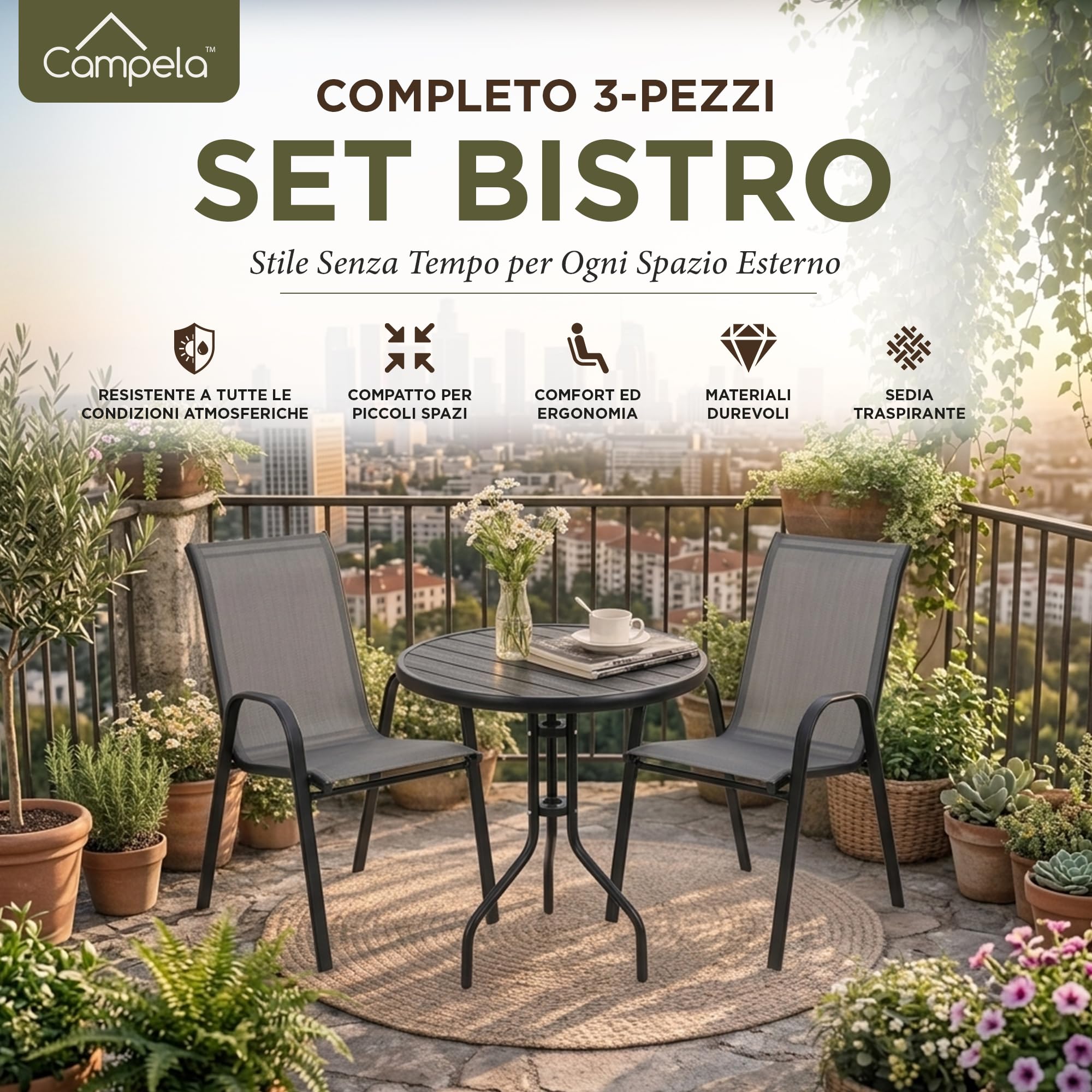 CA1045 Set bistrot da balcone – Tavolo rotondo con 2 sedie impilabili – Struttura in acciaio verniciato, sedute in textilene – Per esterni, grigio scuro