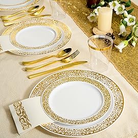 FOCUSLINE 175 Ct Gold Dinnerware Set for 25 Guests, Plastic Plates with Gold Lace Rim Design, Including 25 Disposable Dinner & Dessert Plates, Cups, Napkins, Cutlery Set