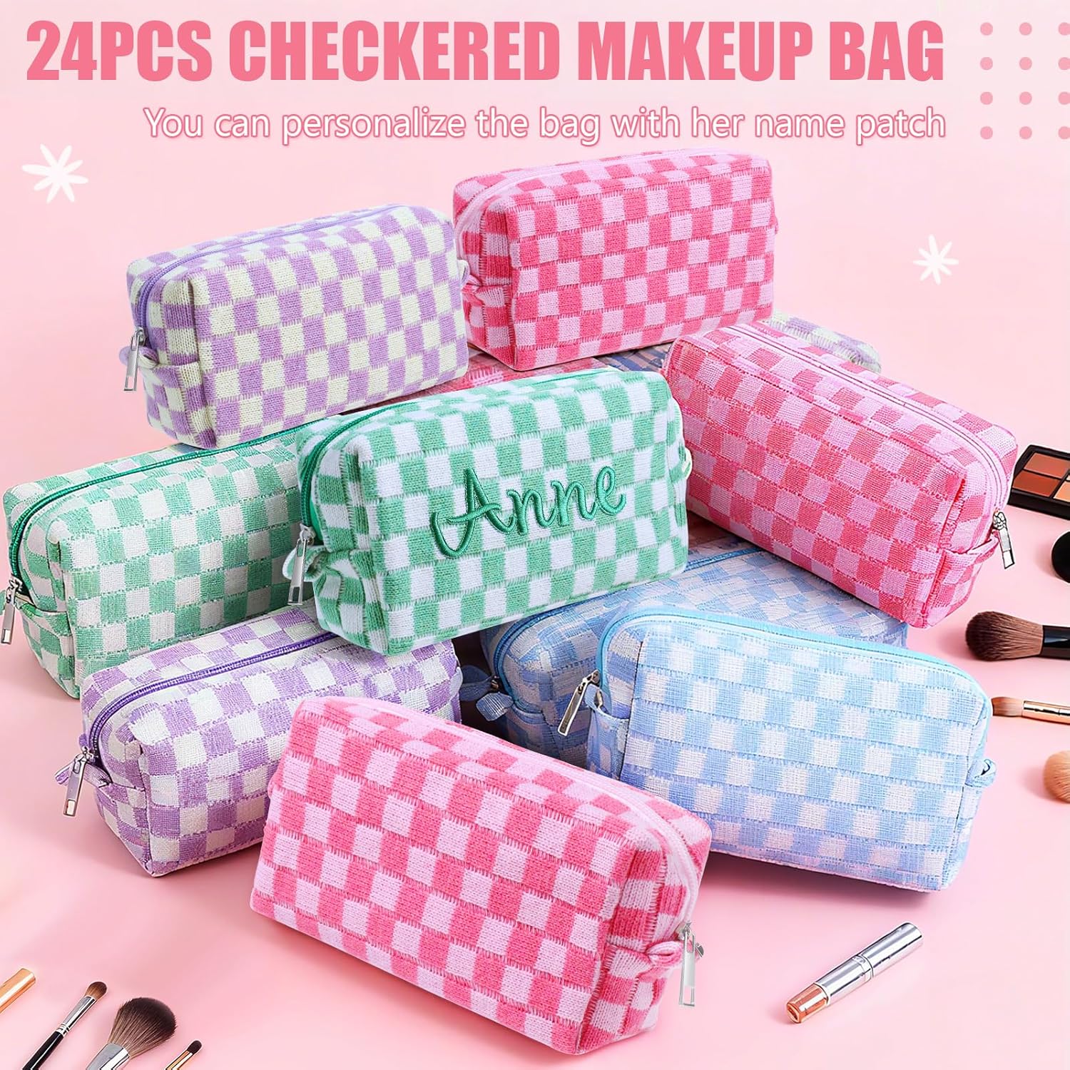 Giesiery 8 Pcs Checkered Makeup Bag Bulk Cosmetic Organizer for Women & Teens Preppy Travel Toiletry Pouch for Skincare & Brushes Bridesmaid Proposal Gifts (24, Pastel Color)