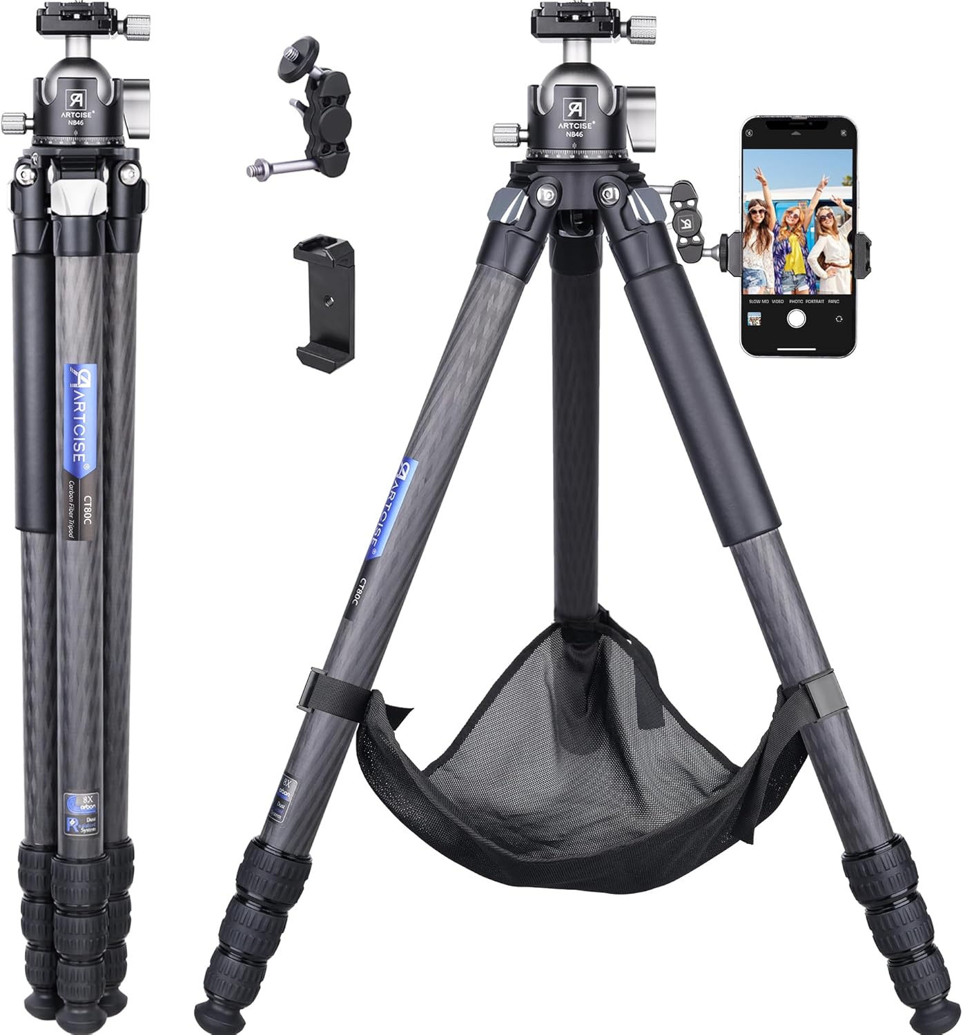 Carbon Fiber Tripod with 46mm Low Profile Ball Head and Stone Bag ARTCISE Heavy Duty Travel Camera Stand for Canon Sony Nikon DSLR Camcorder,Max Load 55lbs(Extra Gift:Stone Bag, Magic arm,Phone Clip)
