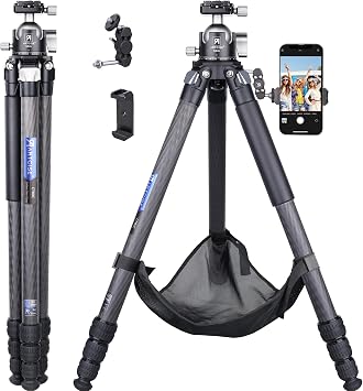 Carbon Fiber Tripod with 46mm Low Profile Ball Head and Stone Bag ARTCISE Heavy Duty Travel Camera Stand for Canon Sony Nikon DSLR Camcorder,Max Load 55lbsExtra GiftStone Bag, Magic arm,Phone Clip