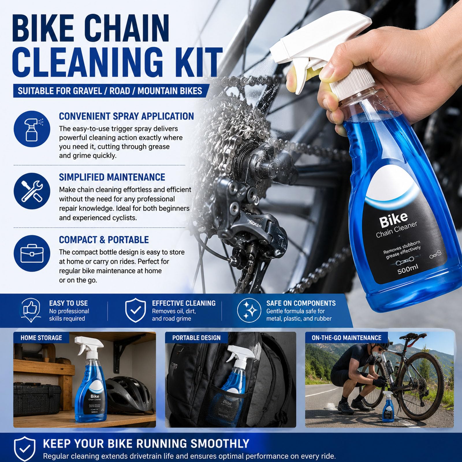 Kit de nettoyage de chaîne de vélo, dégraissant non moussant avec brosse et fil à engrenages pour vélos de gravier/route/VTT (2)