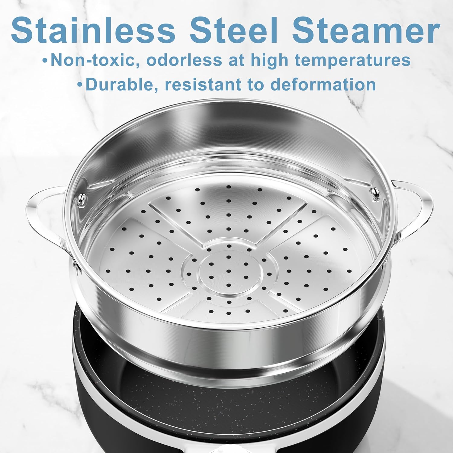 Close-up of the stainless steel steamer basket, highlighting its non-toxic and durable properties.