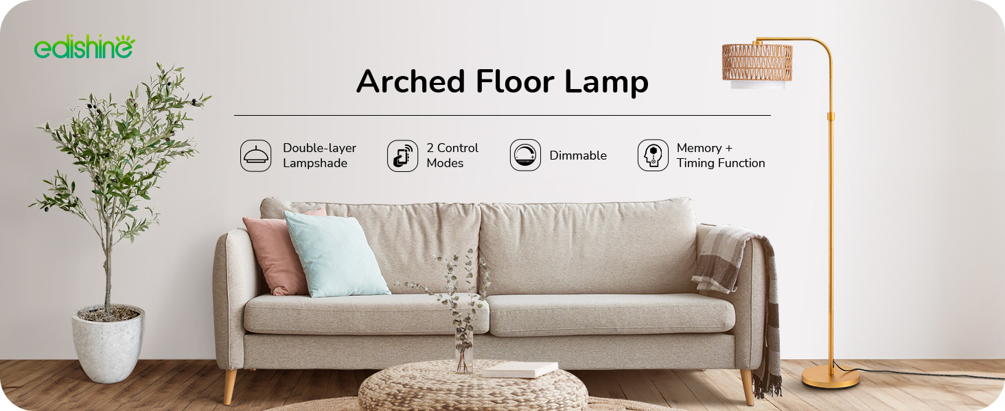 Image of EDISHINE Rattan Floor Lamp, Farmhouse Boho Standing Lamp with Remote | Dimmable LED Bulb Included, Dual-Layer Shade, Flexible Angles, 5 Color Temperature, Foot Switch, Ideal for Bedroom Office
