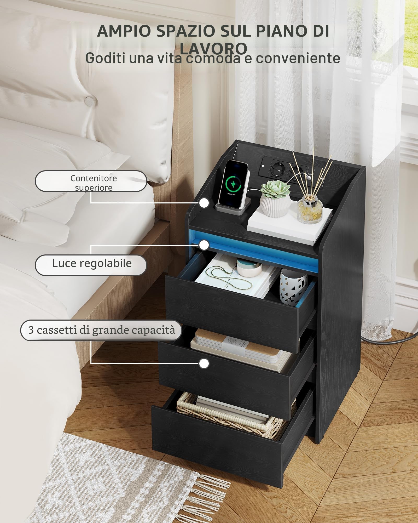 Hzuaneri Comodino Set di 2 con 3 Cassetti, Tavolino con Stazione di Ricarica LED, 2 Prese CA e 2 Porte USB per Camera da Letto, Soggiorno, Nero NS40104X