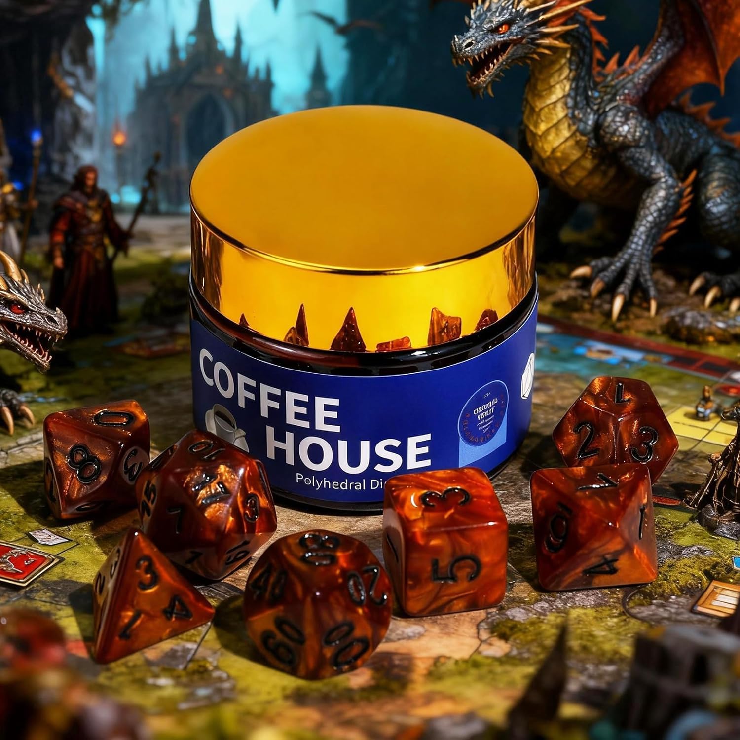 SIXPOINTS DND Coffee Theme Polyhedral Dice Set - 7 Pieces, Role Playing Dice with Glass Jar Storage Compatible with Dungeons and Dragons,D&D,RPG TCG, RPG Table Games Accessories