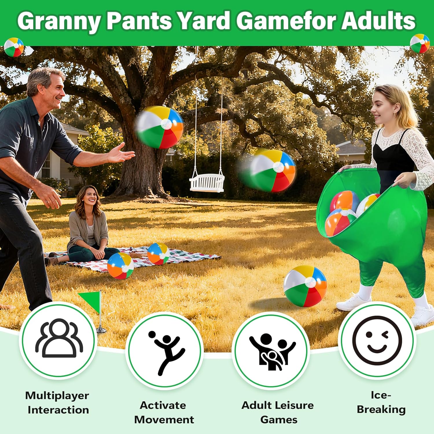 Granny Pants Yard Game for Adults (40 in * 31.5 in),2Pcs Granny Pants Outdoor Games with 10 Bouncy Balls,2 Pumps & Flags, Granny Pants Game for Family Carnival Party Reunion Gathering(Large)