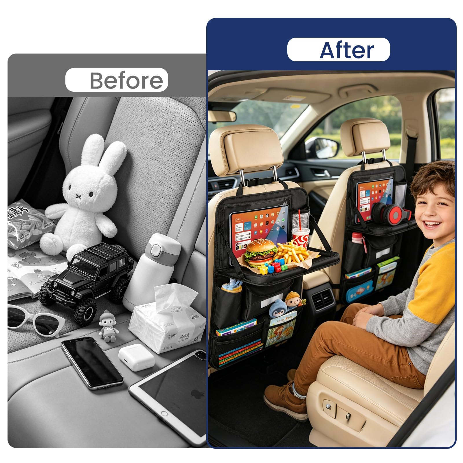 MoKo Auto-Organizer für den Rücksitz, Autositzschutz mit Klappbarer Ablage und 8 Taschen, Transparentes Fach für Tablets auf Autofahrten, 600D-Oxford-Gewebe, 2 Pack, Schwarz