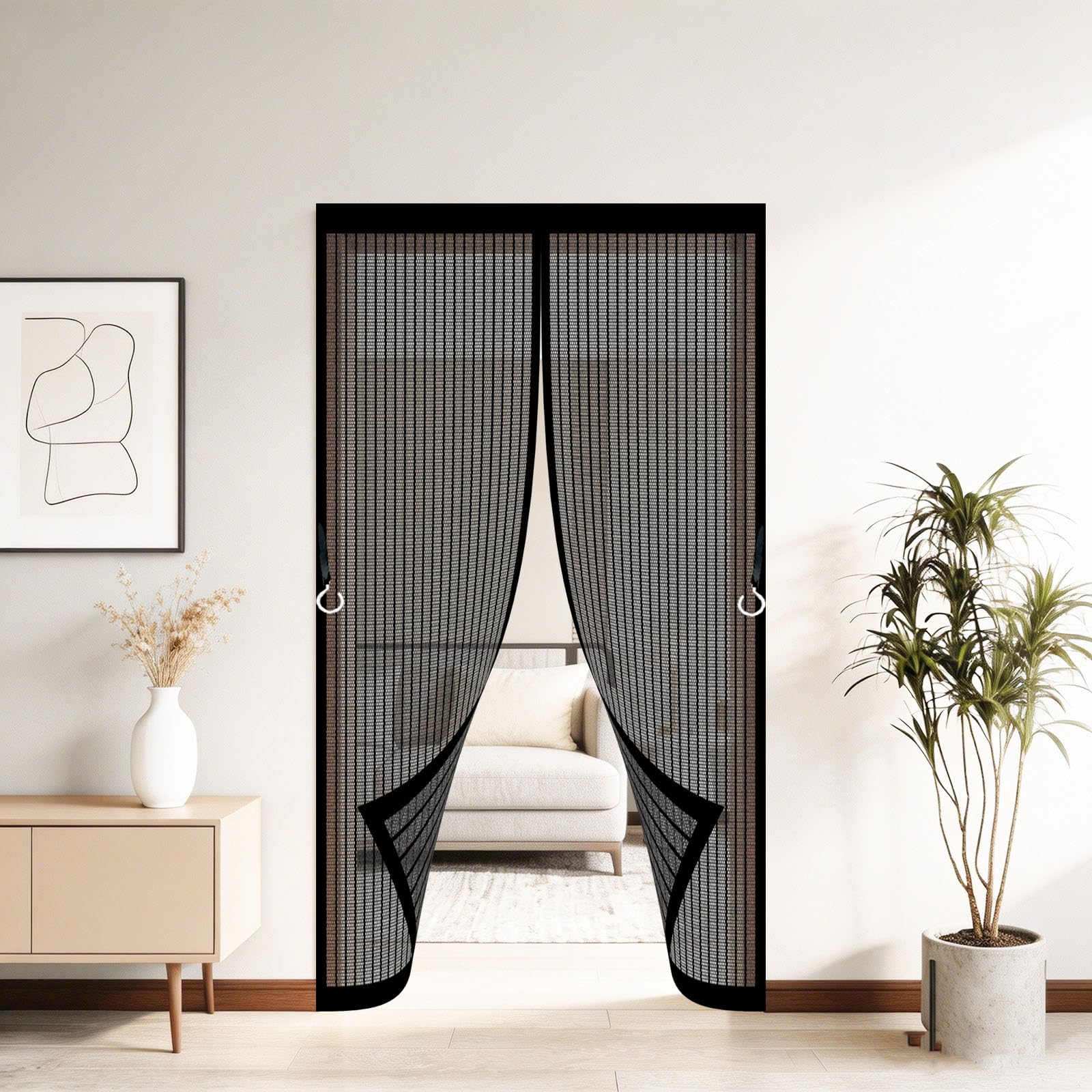 Hokxuan Black Heavy Duty Bug Mesh Curtain 92 X 215 Cm Frame Hook & Loop Keep Bugs Out Lets Fresh Air In No Gap Bug Mesh Curtain For Bedroom Pet Friendly Living Room,