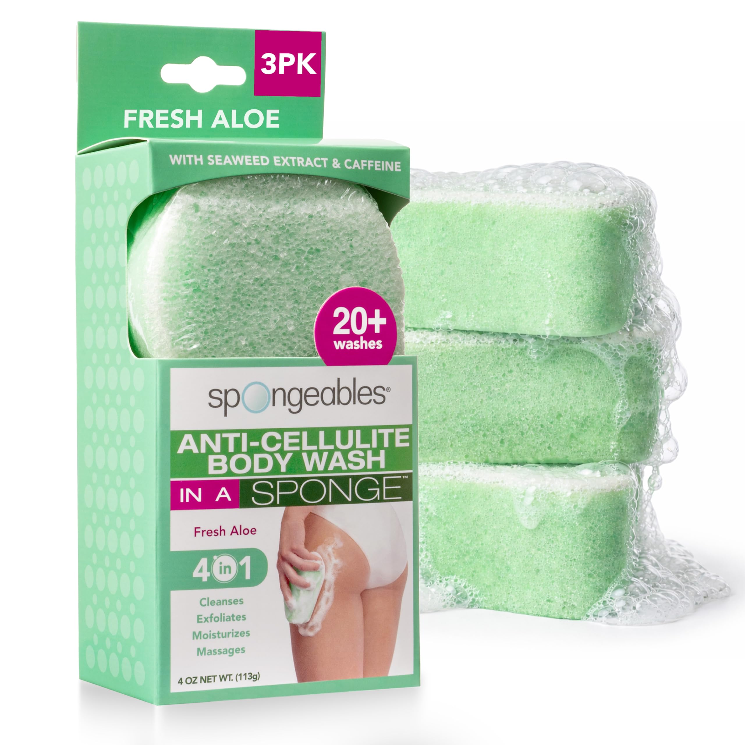 Spongeables Antycellulitowy płyn do mycia ciała w gąbce, świeży zapach aloesu, masażer cellulitowy, krem nawilżający i złuszczający, ponad 20 myć, gąbka 113 ml, opakowanie 3 szt