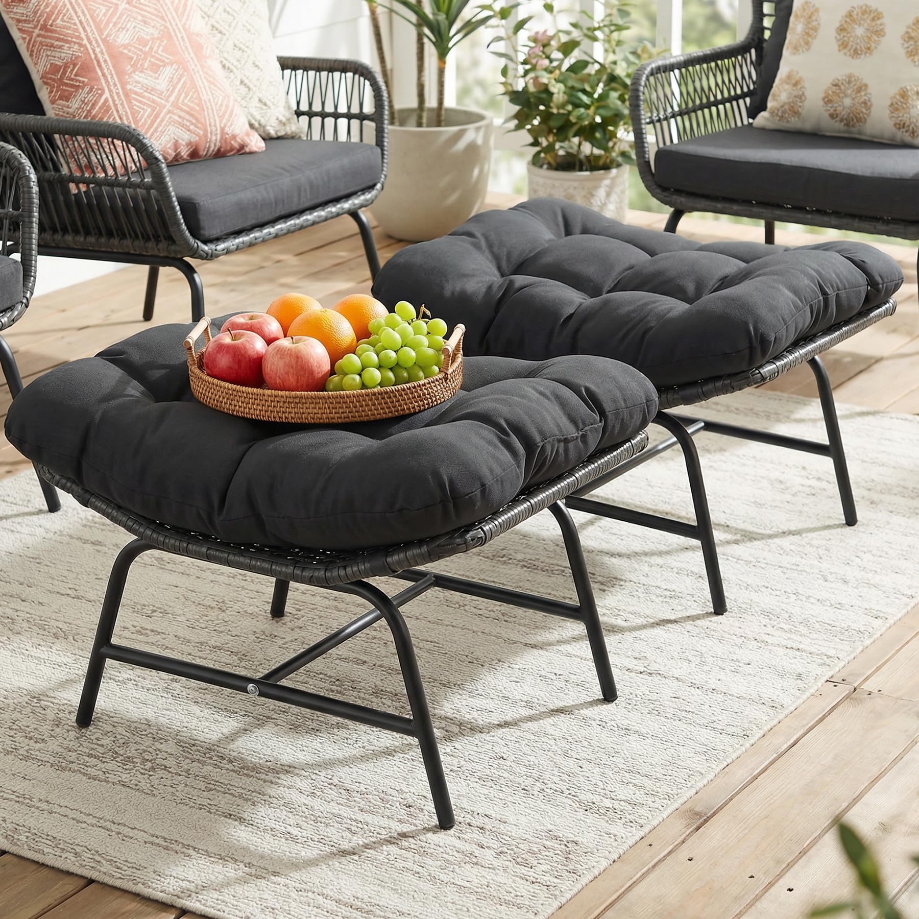 NICESOUL Indoor Outdoor Ottoman Set of 2, Large Wide Double Patio Footstool, PE Rattan Thicken Cushioned Footrest, All-Weather Wicker Furniture for