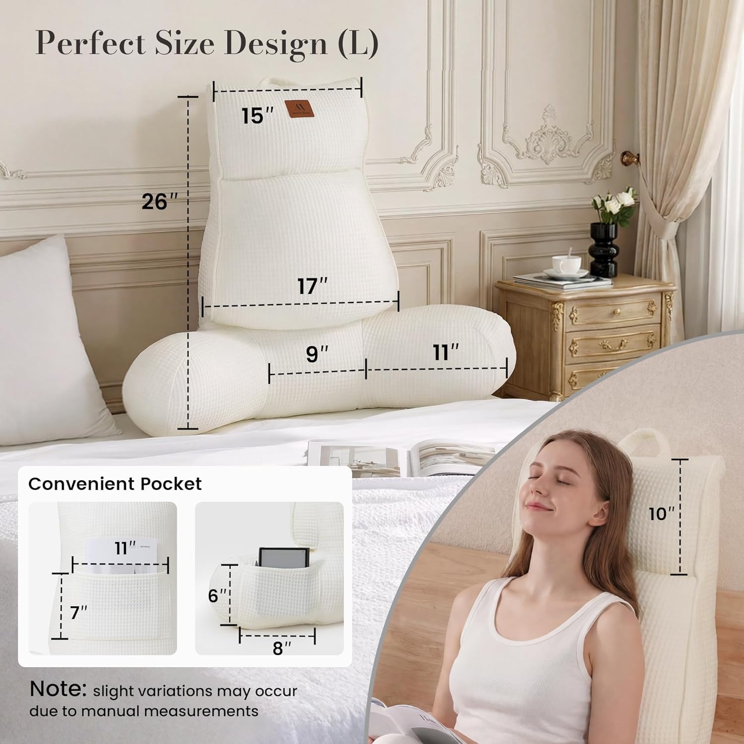 Amélie Home Premium Cooling Waffle Reading Pillow, Qmax>0.37 Ergonomic Backrest Support with Pocket & Handle, Breathable Lounging Pillow for Bed Sofa Floor Summer, 25 Inches, Ivory