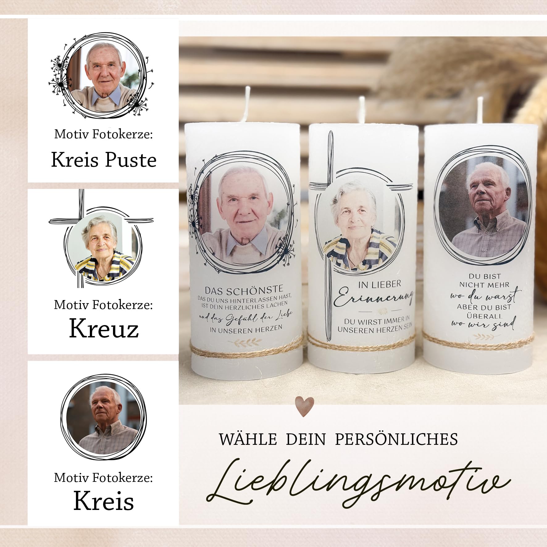 Personalisierte Trauerkerze mit Foto | moderne Rustikkerze 7x20 cm | Gedenkkerze | Erinnerungskerze | Individuelle Kerze zum Abschied | Fotokerze (Foto Kreis Puste, Klein - 7x15)