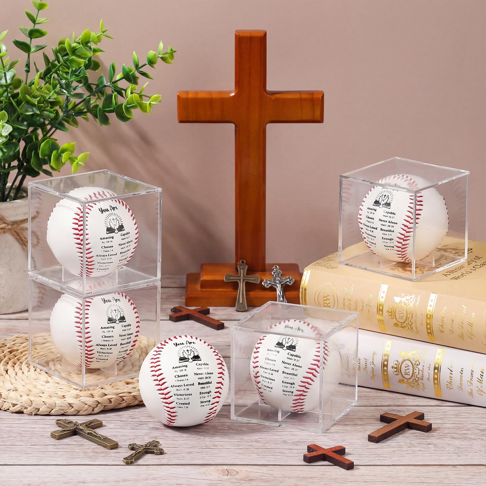 Soulchen 6 Sets christlich-religiöse Baseball-Geschenke mit Vitrine, Taufgeschenk für Vater, Sohn, Enkel, Opa, für Trophäen, Jahrestag, Coaching, Geschenk, Auszeichnungen, Sport-Partygeschenk
