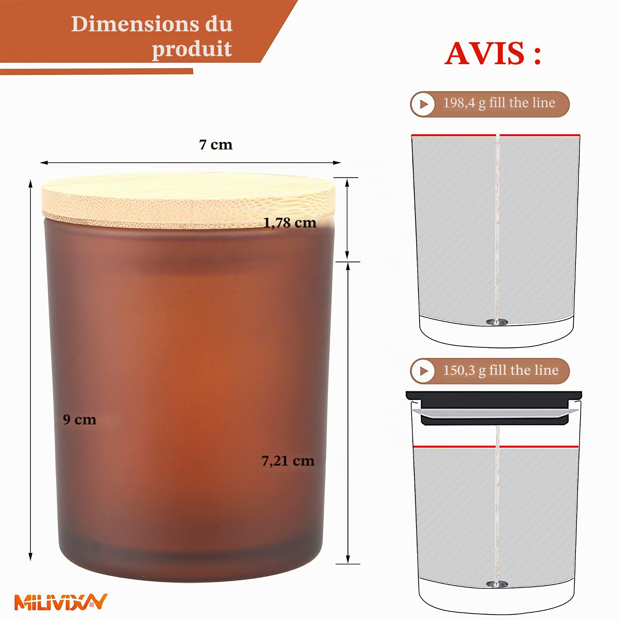 MILIVIXAY Lot de 12 pots à bougies vides en verre épais avec couvercles ambré givré de 200 ml pour la fabrication de bougies – Conteneurs à épices, poudre