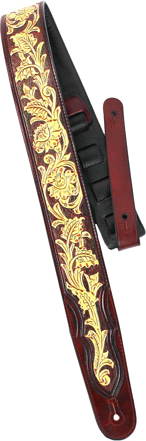 Walker And Williams LHR-37 Handmade Blood Red Premium Carving Leather Guitar Strap With Bright Gold Western Sheridan Carving Pattern And Padded Leather Back For Acoustic, Electric, And Bass Guitars
