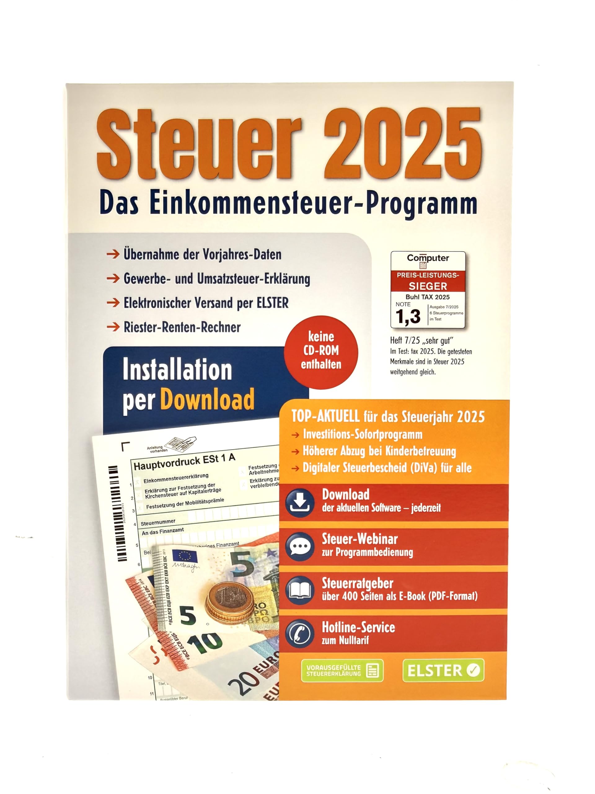 Steuer 2025 für die Steuererklärung 2025 am PC. ELSTER Steuerprogramm Download + Code "keine CD"