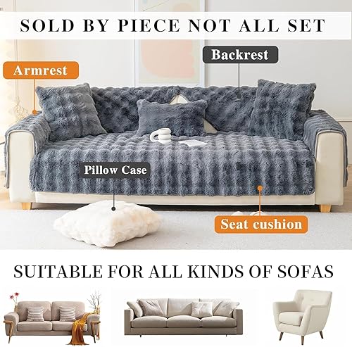 Miniatura 5 de Funda de sofá de piel sintética, funda de sofá de felpa de conejo, funda antideslizante para sofá (1 unidad, rosa, 36 x 82 pulgadas)