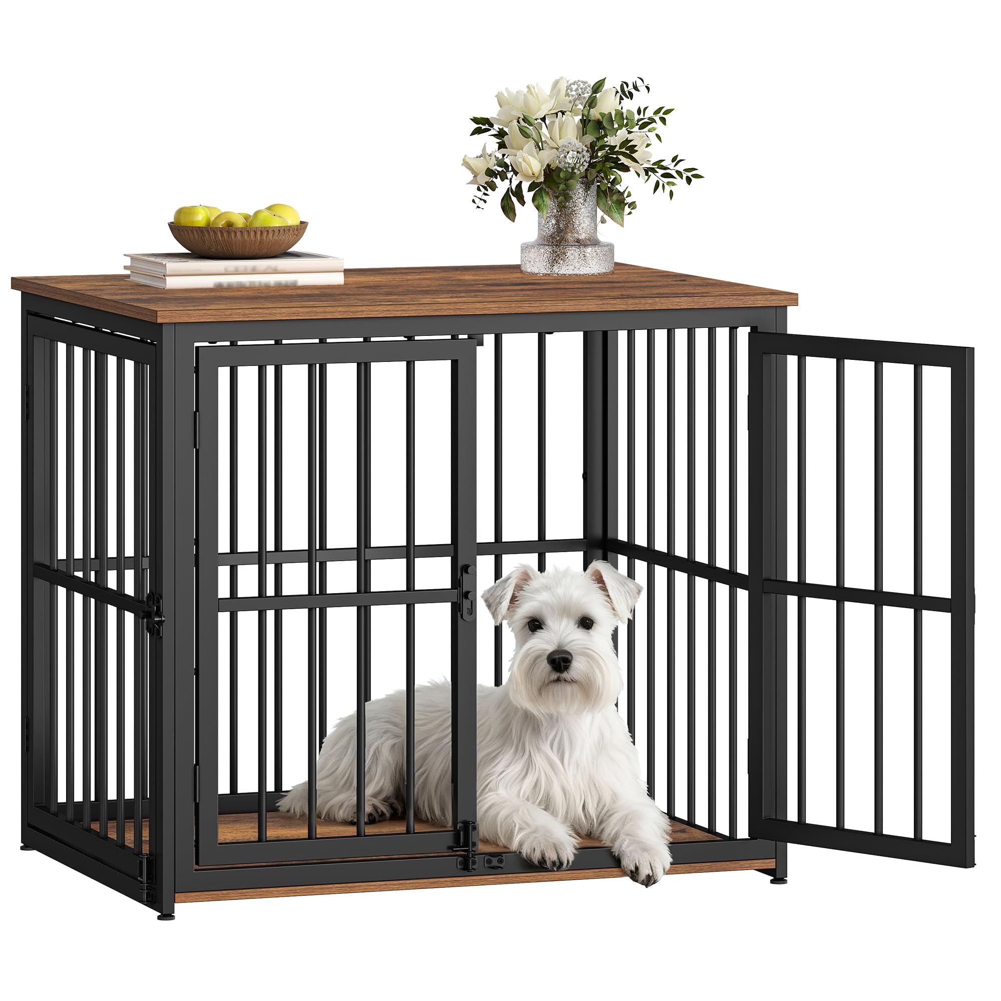 Jaula para Perros, 80cm Jaula Mueble para Perro con 3 Puertas, Casa Madera Perro, Mesa Auxiliar, Perros Pequeños y Medianos, Casa Interior Perros, 80 x 60 x 70 cm, Marrón Rústico y Negro